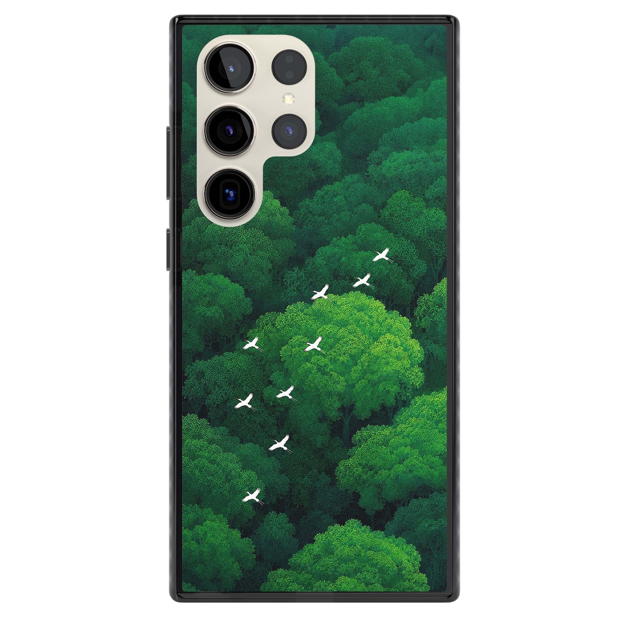 Grove Migration forest iPhone case featuring white cranes flying over lush green treetop canopy | Black Impact case for Samsung Galaxy S24 Ultra, Samsung Galaxy S23 Ultra, Samsung Galaxy S22 Ultra