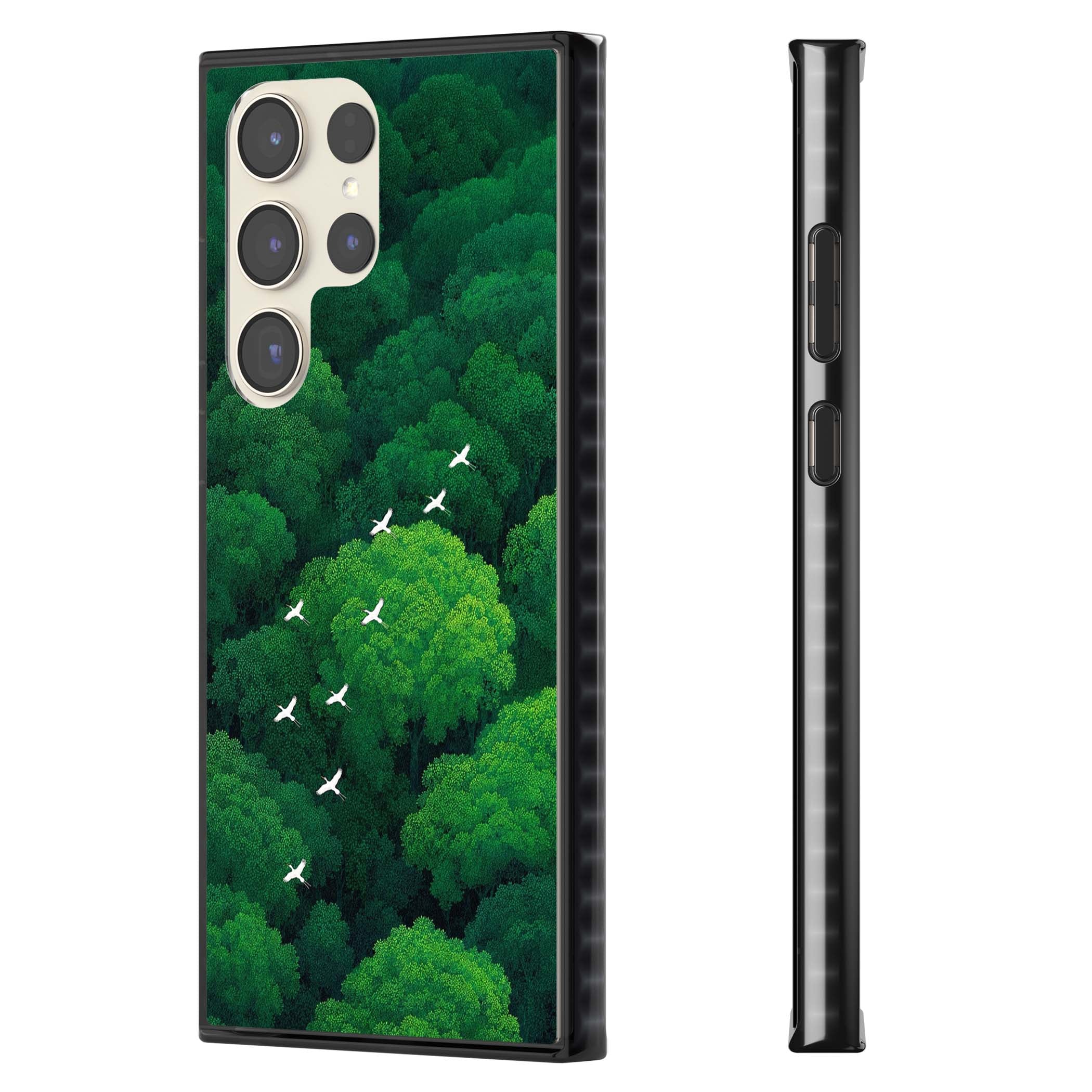 Grove Migration forest iPhone case featuring white cranes flying over lush green treetop canopy | Black Impact case for Samsung Galaxy S24 Ultra, Samsung Galaxy S23 Ultra, Samsung Galaxy S22 Ultra