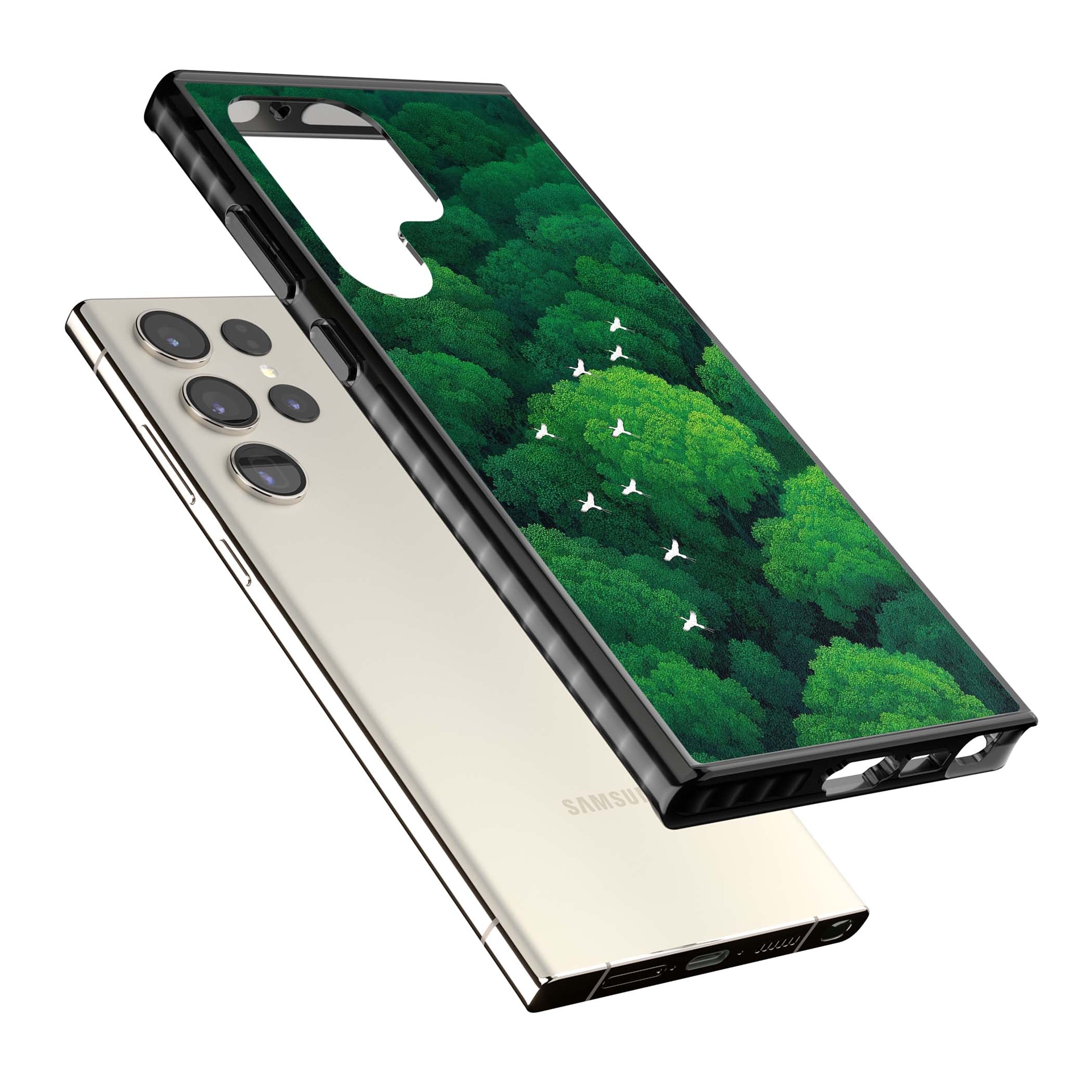 Grove Migration forest iPhone case featuring white cranes flying over lush green treetop canopy | Black Impact case for Samsung Galaxy S24 Ultra, Samsung Galaxy S23 Ultra, Samsung Galaxy S22 Ultra