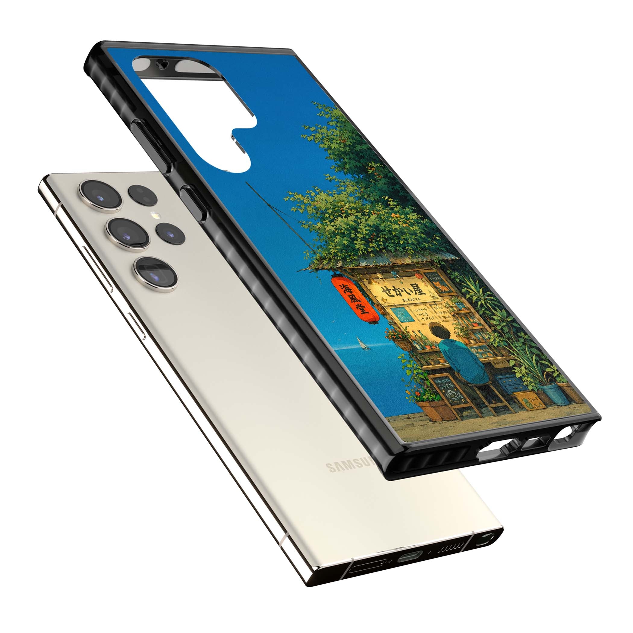 The Shirahama Kiosk anime iPhone case featuring a Japanese seaside shop, red paper lantern and ocean view | Black Impact case for Samsung Galaxy S24 Ultra, Samsung Galaxy S23 Ultra, Samsung Galaxy S22 Ultra