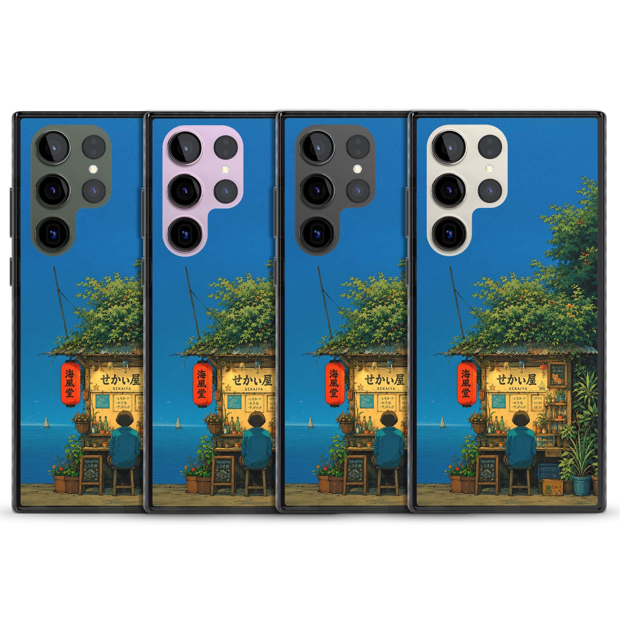 The Shirahama Kiosk anime iPhone case featuring a Japanese seaside shop, red paper lantern and ocean view | Black Impact case for Samsung Galaxy S24 Ultra, Samsung Galaxy S23 Ultra, Samsung Galaxy S22 Ultra