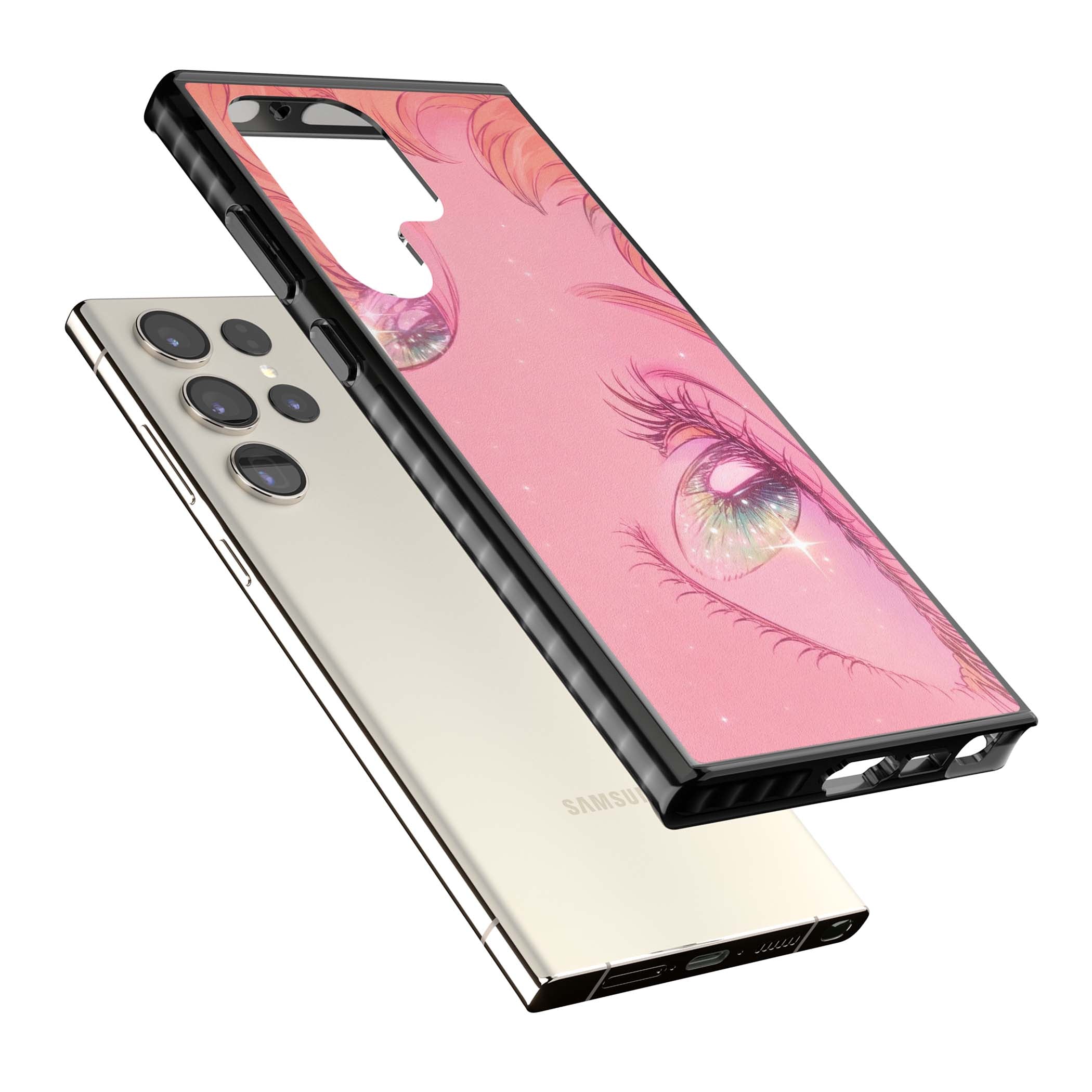 Pink Ethereal Gaze anime iPhone case featuring sparkling manga eyes, coral lashes and dreamy peach sky | Black Impact case for Samsung Galaxy S24 Ultra, Samsung Galaxy S23 Ultra, Samsung Galaxy S22 Ultra