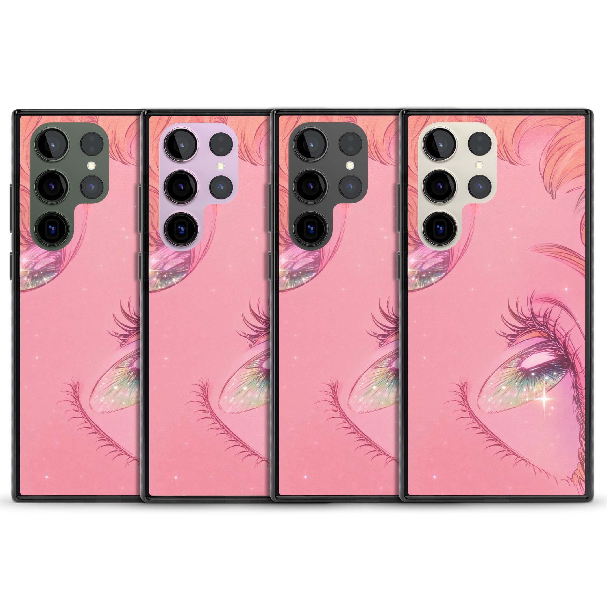 Pink Ethereal Gaze anime iPhone case featuring sparkling manga eyes, coral lashes and dreamy peach sky | Black Impact case for Samsung Galaxy S24 Ultra, Samsung Galaxy S23 Ultra, Samsung Galaxy S22 Ultra