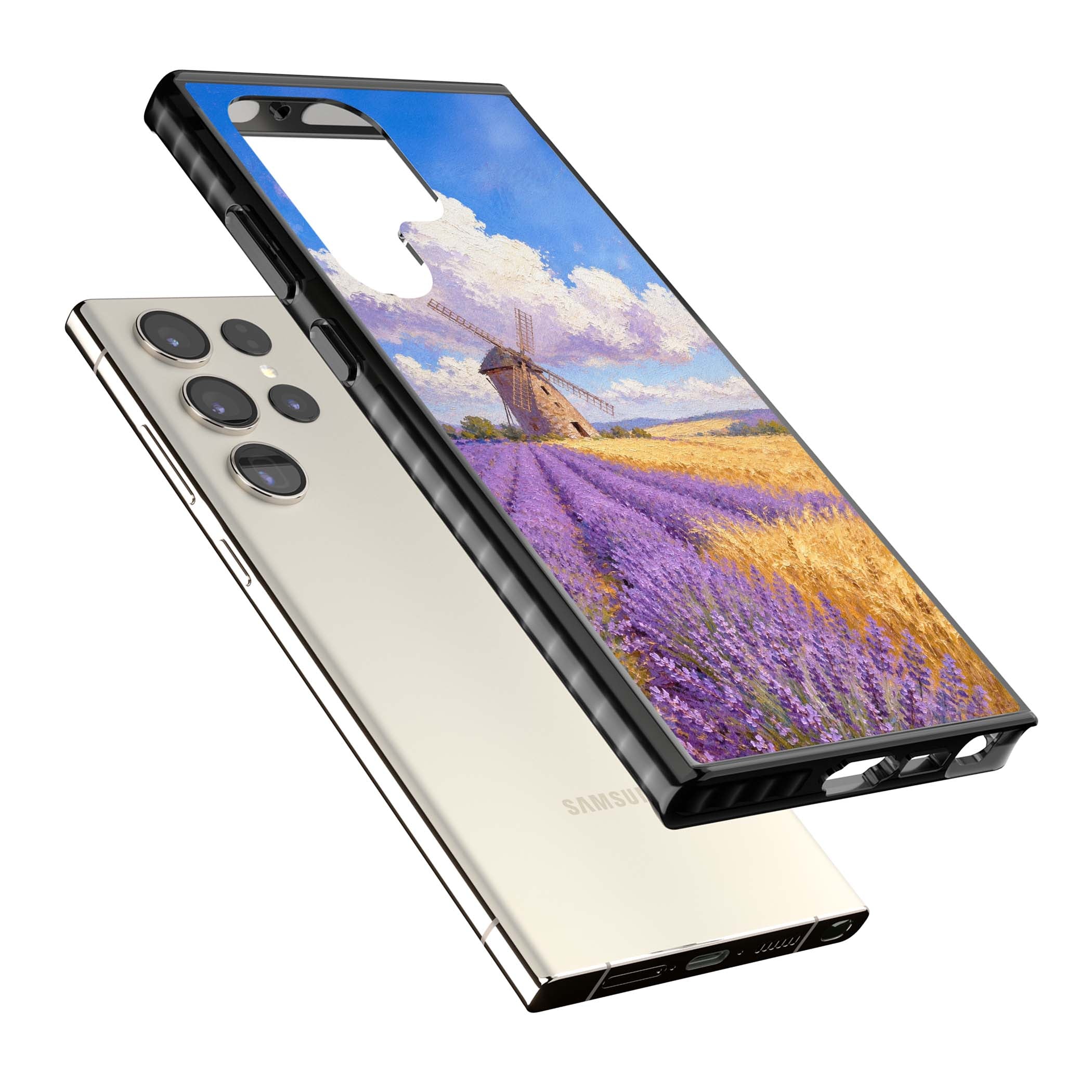 Lavender Mill cottagecore iPhone case featuring a French windmill, lavender field and golden wheat oil painting | Black Impact case for Samsung Galaxy S24 Ultra, Samsung Galaxy S23 Ultra, Samsung Galaxy S22 Ultra