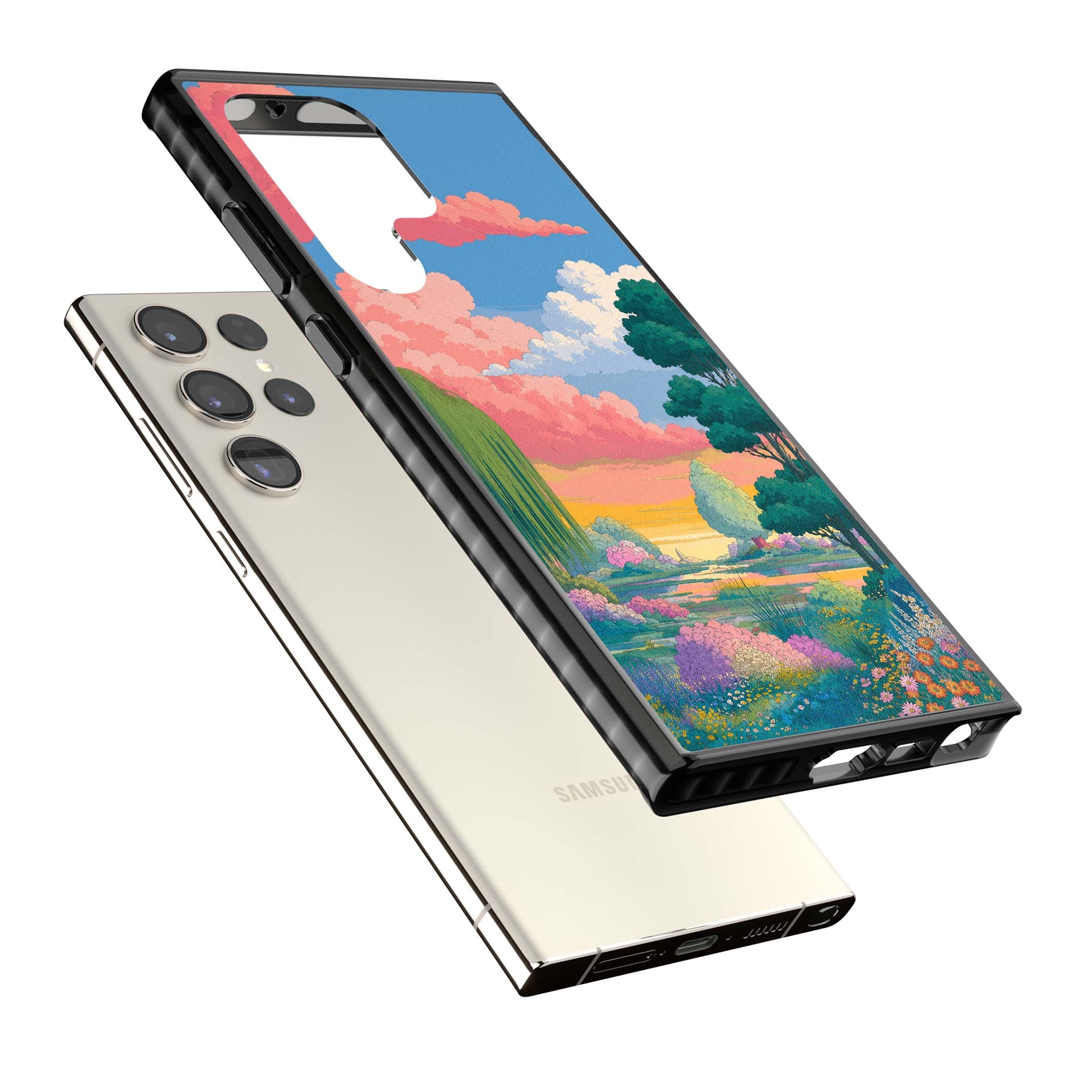 Dream Valley anime landscape iPhone case featuring pink sunset clouds, willow trees and wildflowers | Black Impact case for Samsung Galaxy S24 Ultra, Samsung Galaxy S23 Ultra, Samsung Galaxy S22 Ultra