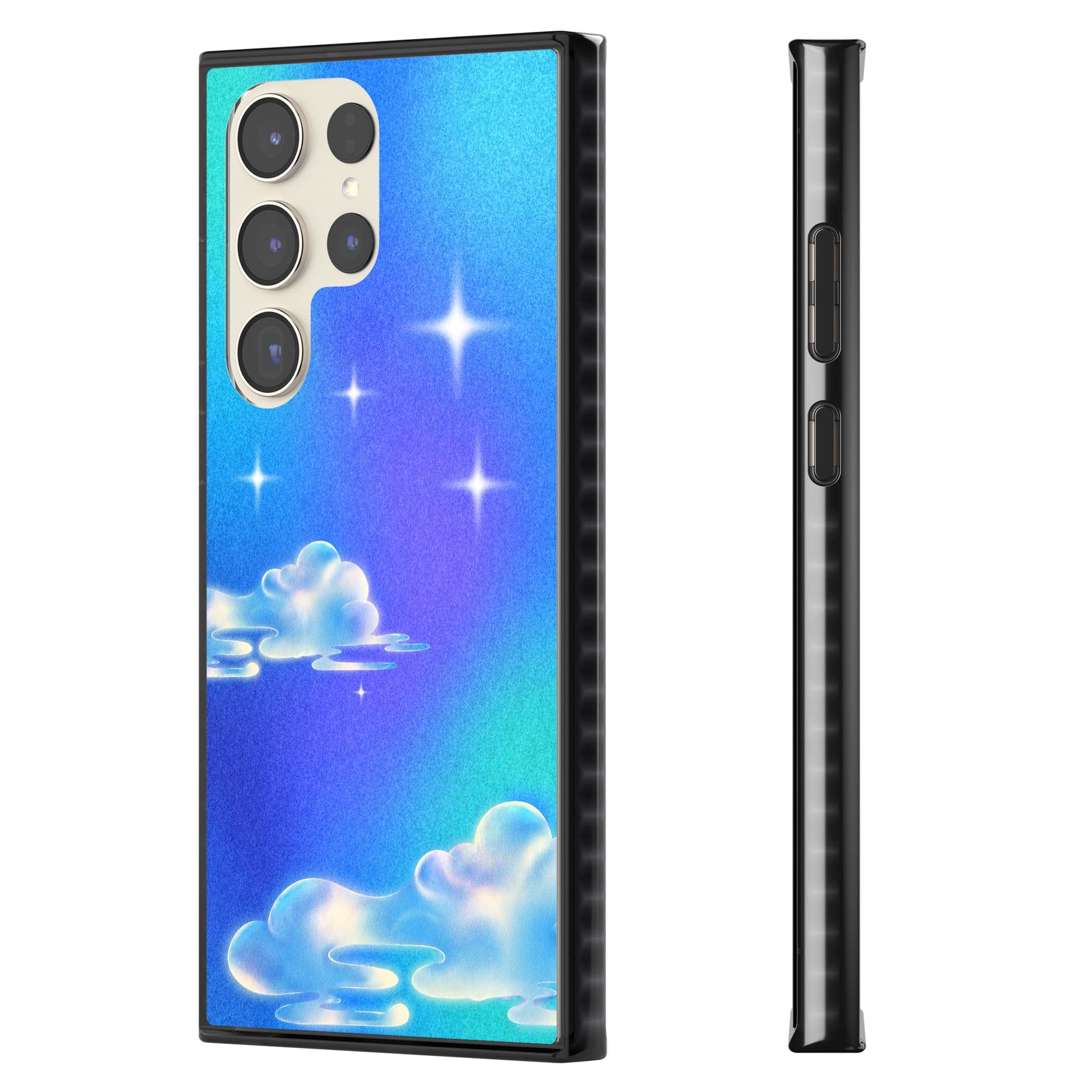 Aurora celestial iPhone case featuring dreamy iridescent clouds, sparkling stars and pastel blue purple sky | Black Impact case for Samsung Galaxy S24 Ultra, Samsung Galaxy S23 Ultra, Samsung Galaxy S22 Ultra