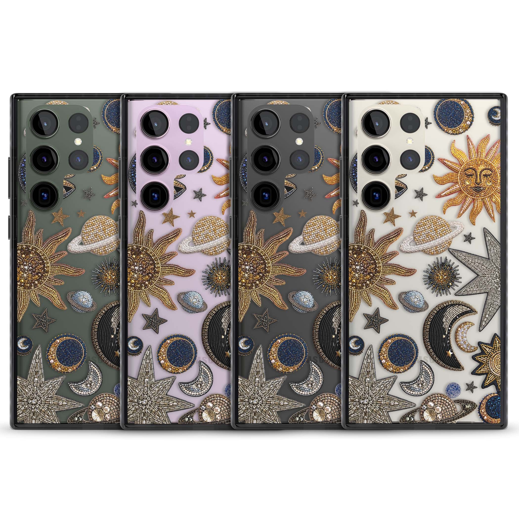 Beaded Cosmos celestial iPhone case featuring embroidered golden suns, beaded planets and silver shooting stars | Black Impact case for Samsung Galaxy S24 Ultra, Samsung Galaxy S23 Ultra, Samsung Galaxy S22 Ultra