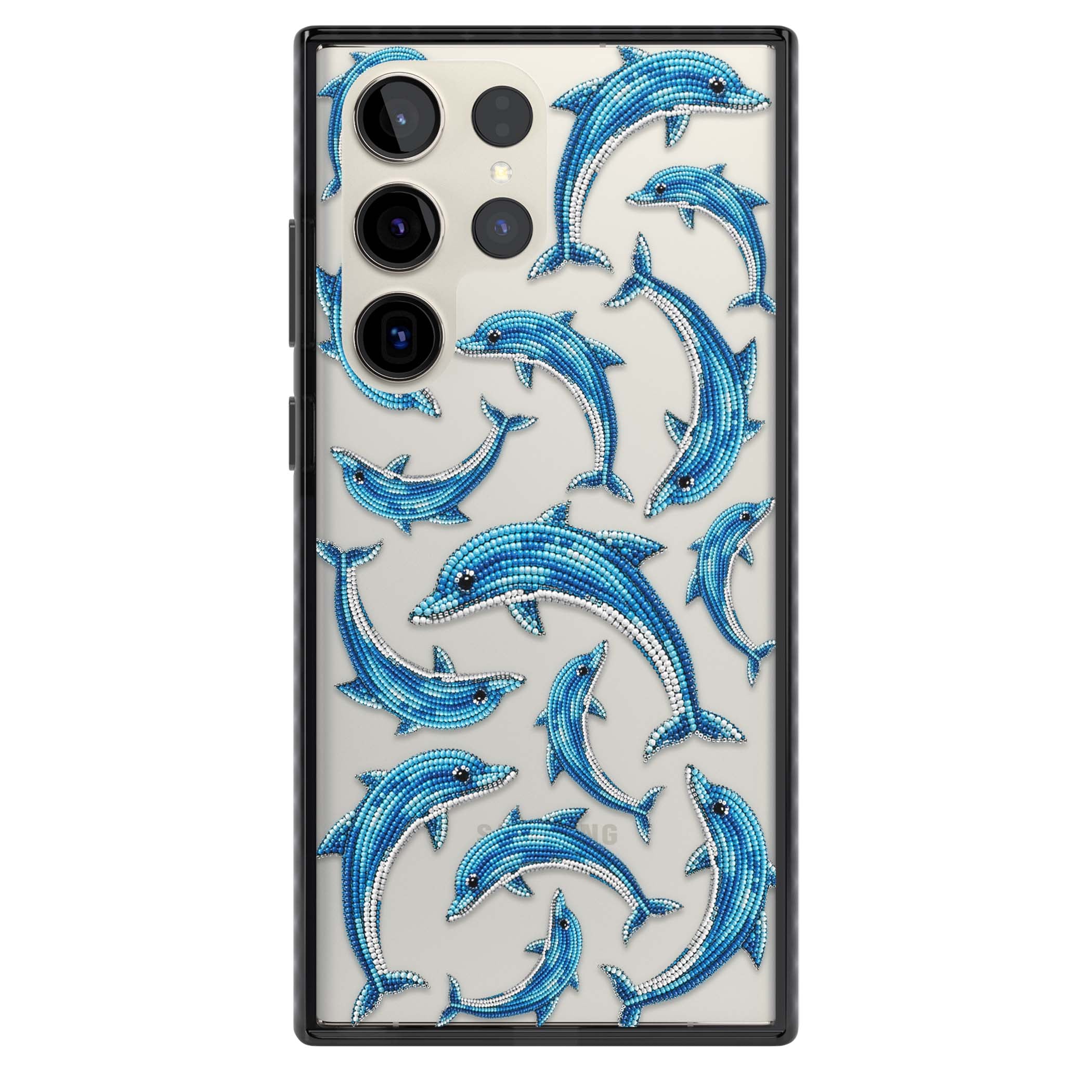 Beaded Dolphins coastal iPhone case featuring beaded dolphins in blue and white swimming across a clear background | Black Impact case for Samsung Galaxy S24 Ultra, Samsung Galaxy S23 Ultra, Samsung Galaxy S22 Ultra