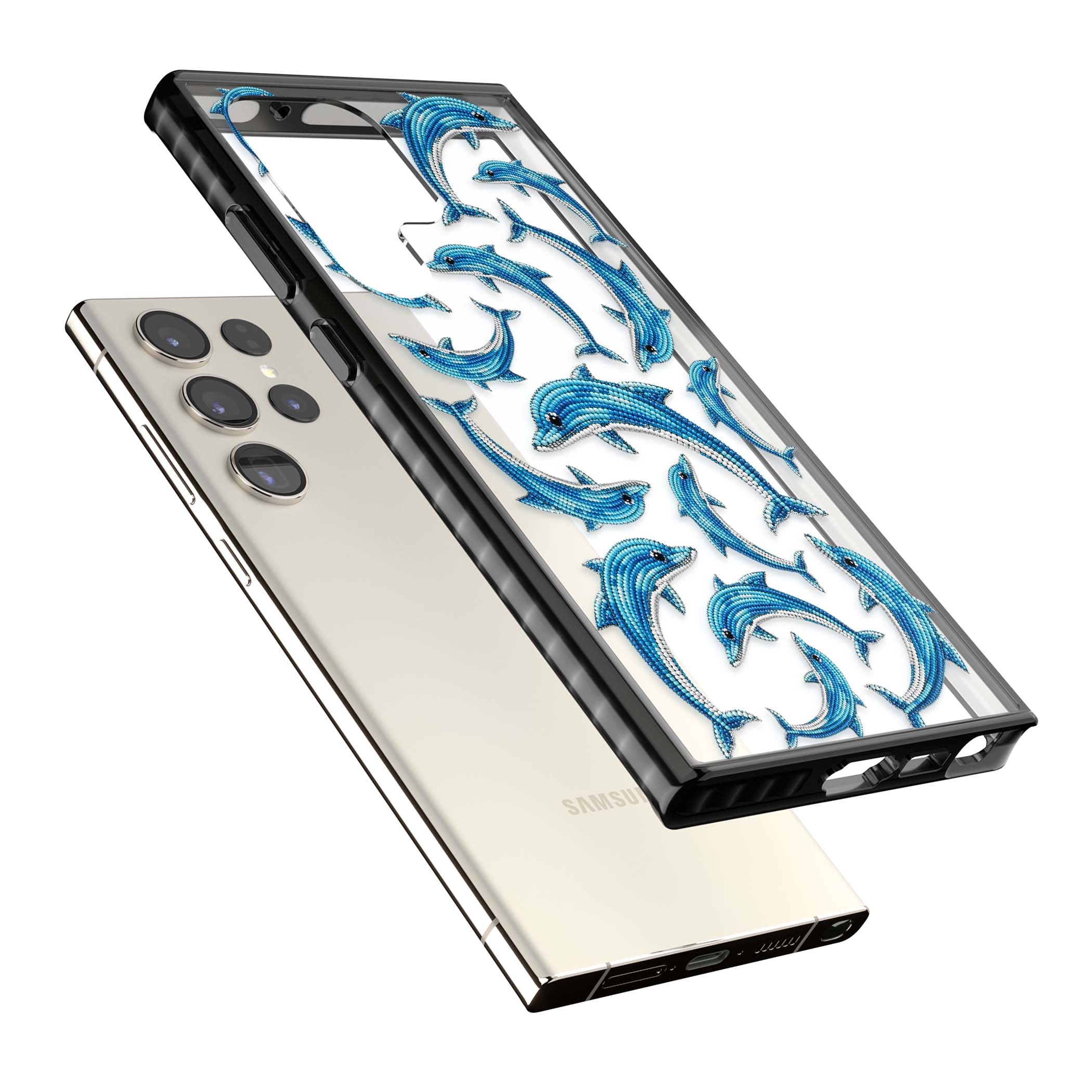 Beaded Dolphins coastal iPhone case featuring beaded dolphins in blue and white swimming across a clear background | Black Impact case for Samsung Galaxy S24 Ultra, Samsung Galaxy S23 Ultra, Samsung Galaxy S22 Ultra