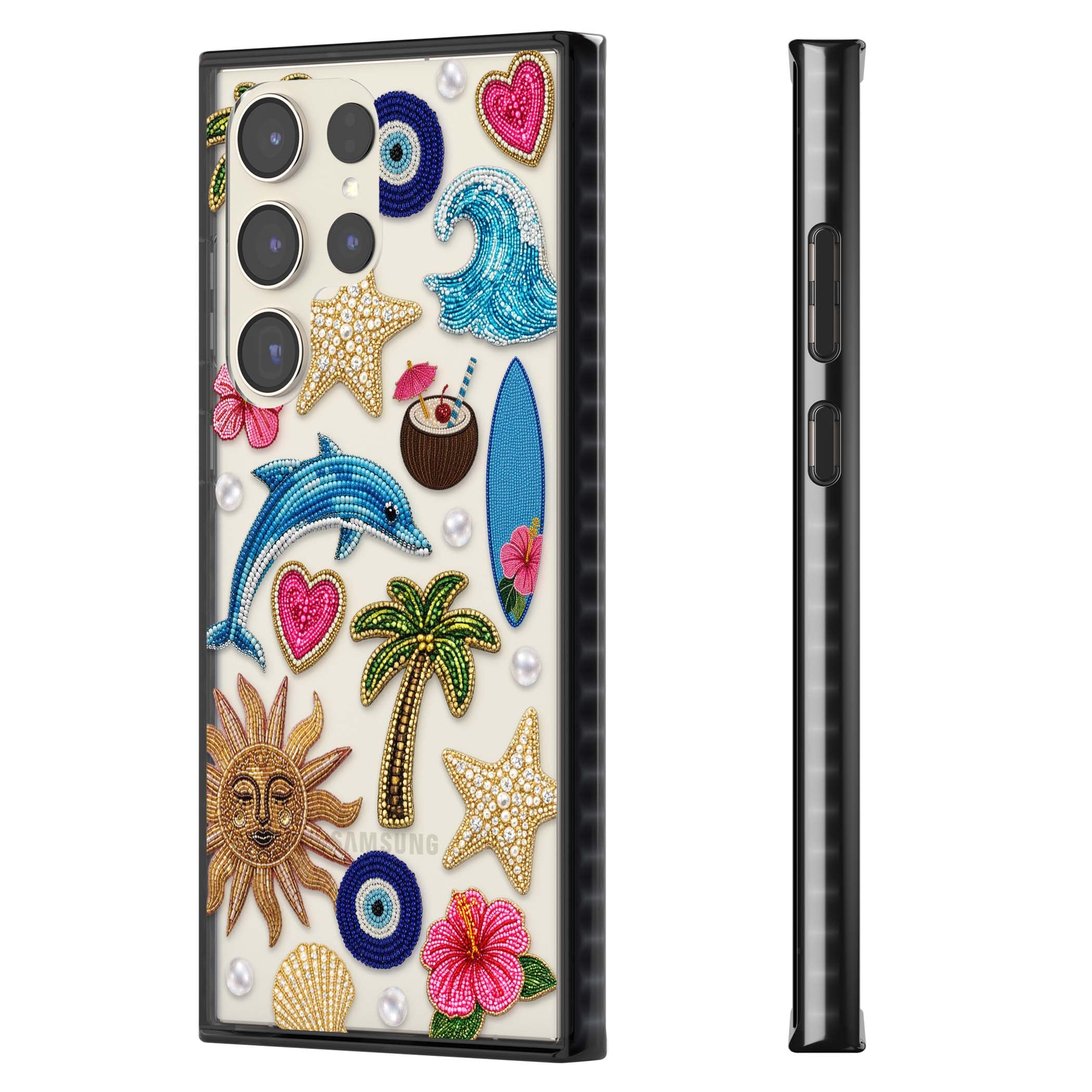 Beaded Beach coastal summer iPhone case featuring embroidered evil eye, hibiscus flowers, dolphin and palm tree patches | Black Impact case for Samsung Galaxy S24 Ultra, Samsung Galaxy S23 Ultra, Samsung Galaxy S22 Ultra