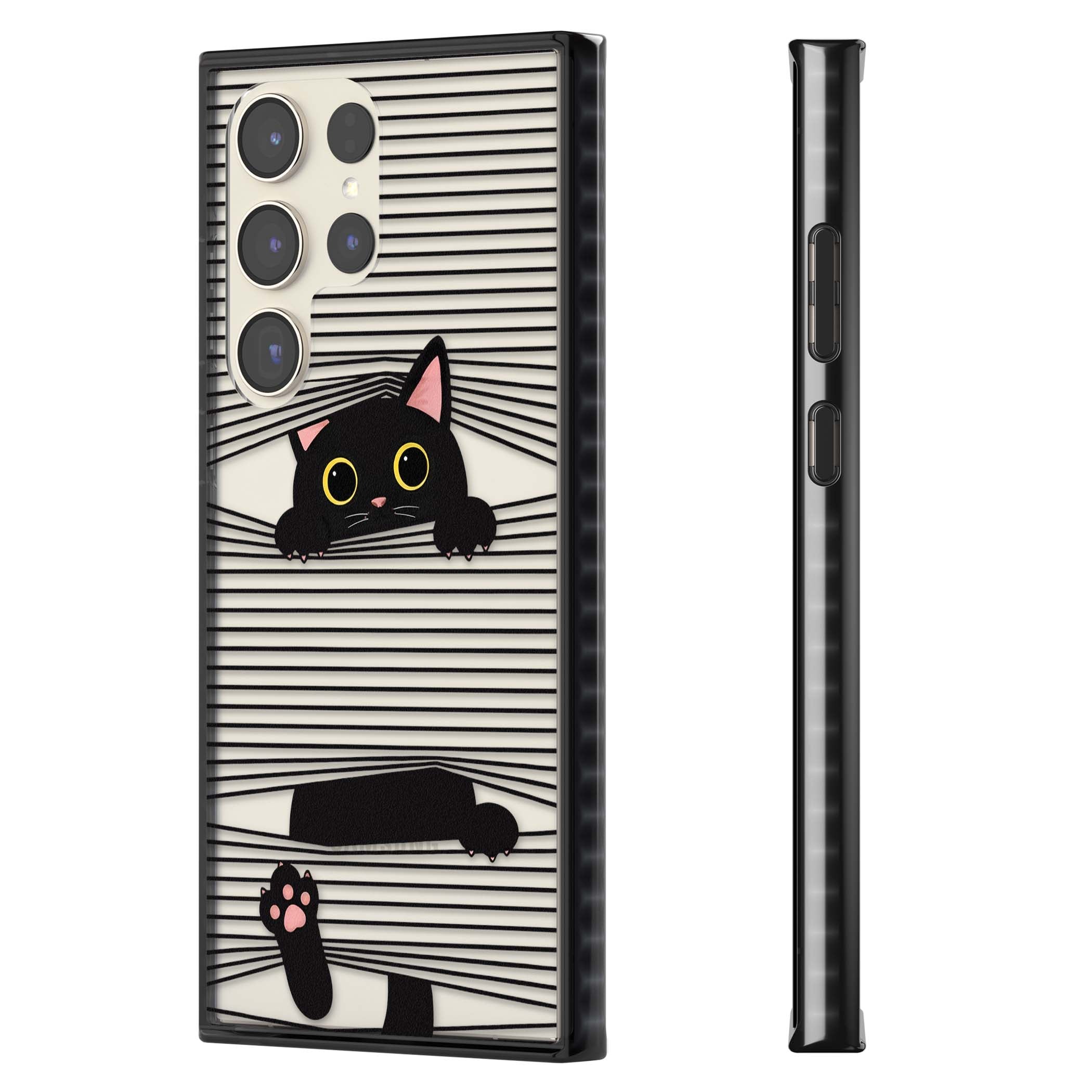 Peek-a-Boo Cat minimal iPhone case featuring black cat peeking through horizontal black and white stripes | Black Impact case for Samsung Galaxy S24 Ultra, Samsung Galaxy S23 Ultra, Samsung Galaxy S22 Ultra