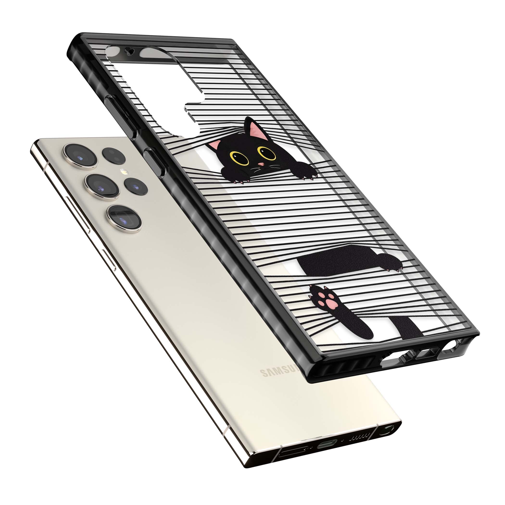 Peek-a-Boo Cat minimal iPhone case featuring black cat peeking through horizontal black and white stripes | Black Impact case for Samsung Galaxy S24 Ultra, Samsung Galaxy S23 Ultra, Samsung Galaxy S22 Ultra