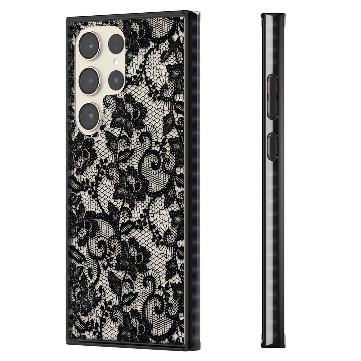 Black Lace gothic iPhone case featuring intricate black floral lace pattern with vintage whimsigoth detail | Black Impact case for Samsung Galaxy S24 Ultra, Samsung Galaxy S23 Ultra, Samsung Galaxy S22 Ultra