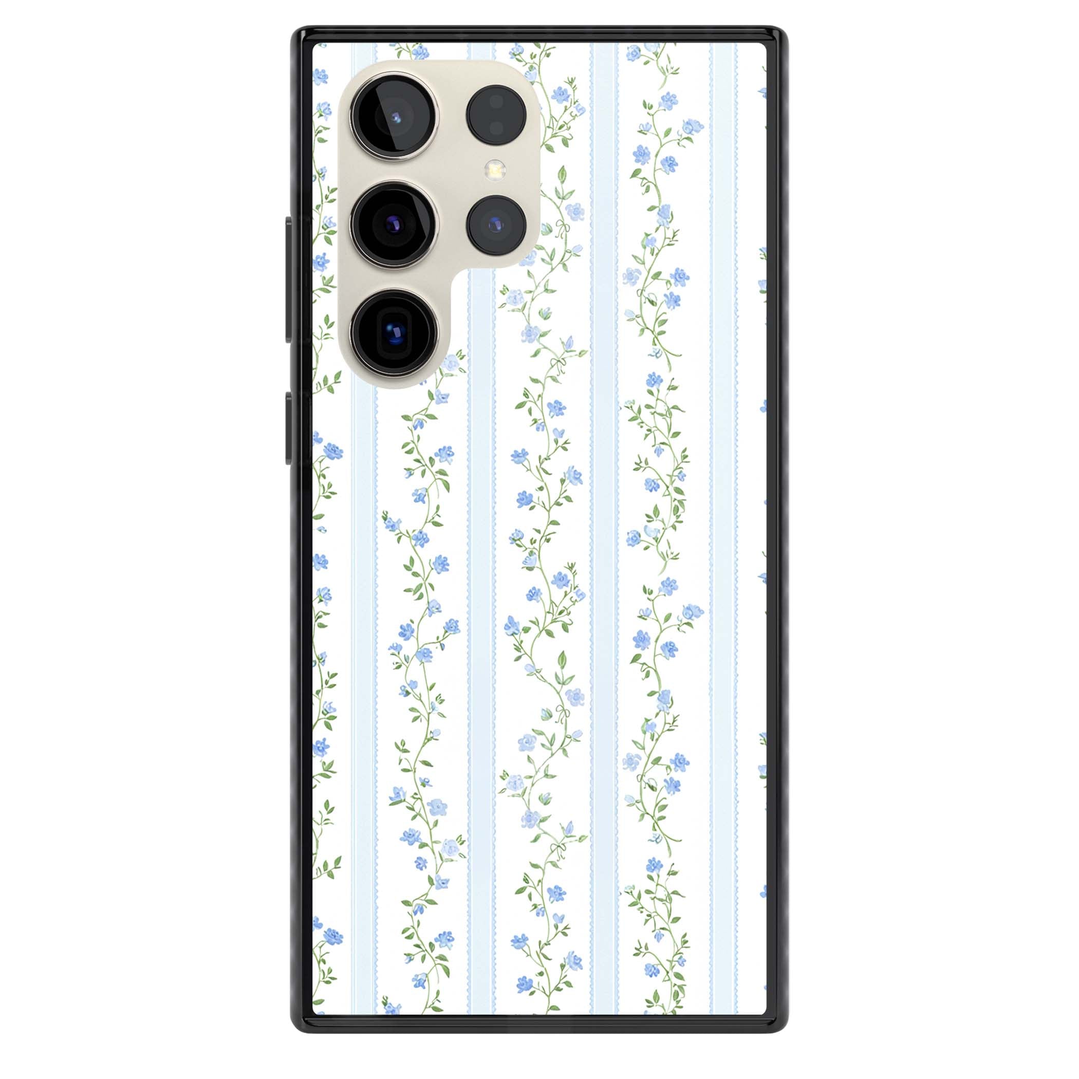 Bluebell Vine cottagecore iPhone case featuring climbing blue roses, trailing green vines, and pale ticking stripes | Black Impact case for Samsung Galaxy S24 Ultra, Samsung Galaxy S23 Ultra, Samsung Galaxy S22 Ultra