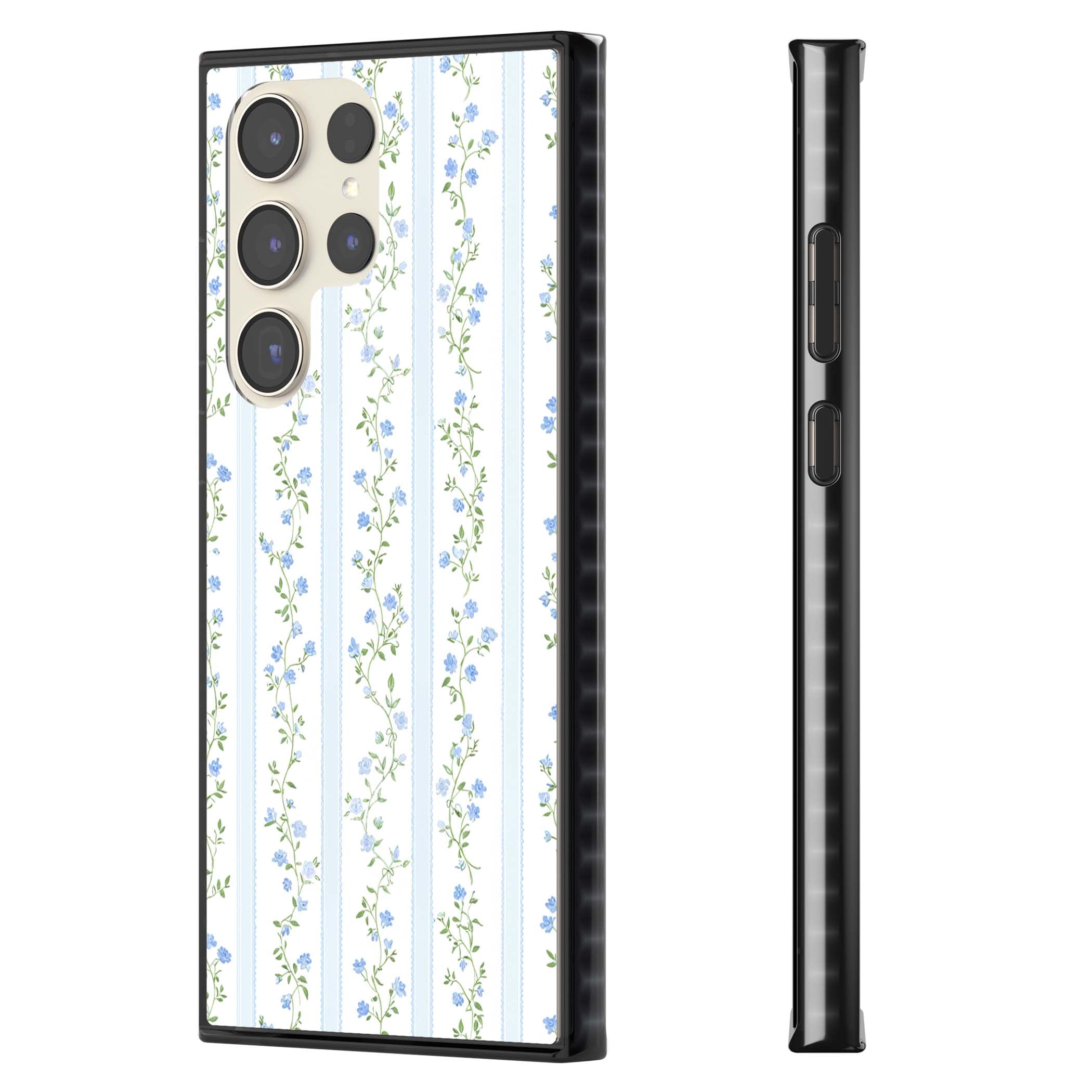 Bluebell Vine cottagecore iPhone case featuring climbing blue roses, trailing green vines, and pale ticking stripes | Black Impact case for Samsung Galaxy S24 Ultra, Samsung Galaxy S23 Ultra, Samsung Galaxy S22 Ultra