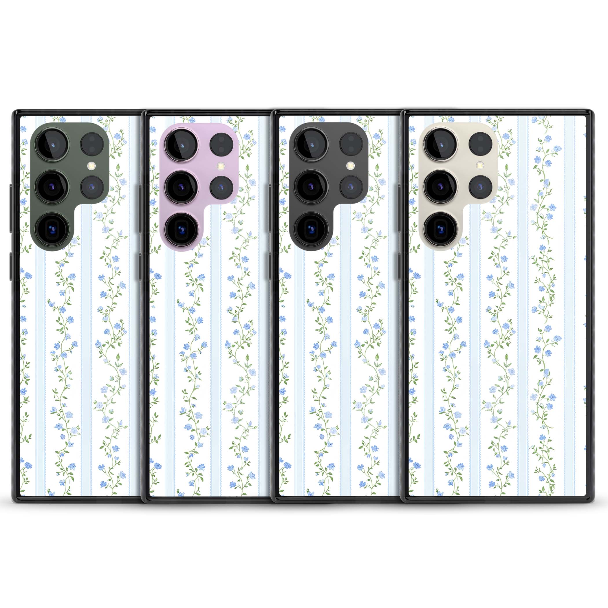Bluebell Vine cottagecore iPhone case featuring climbing blue roses, trailing green vines, and pale ticking stripes | Black Impact case for Samsung Galaxy S24 Ultra, Samsung Galaxy S23 Ultra, Samsung Galaxy S22 Ultra