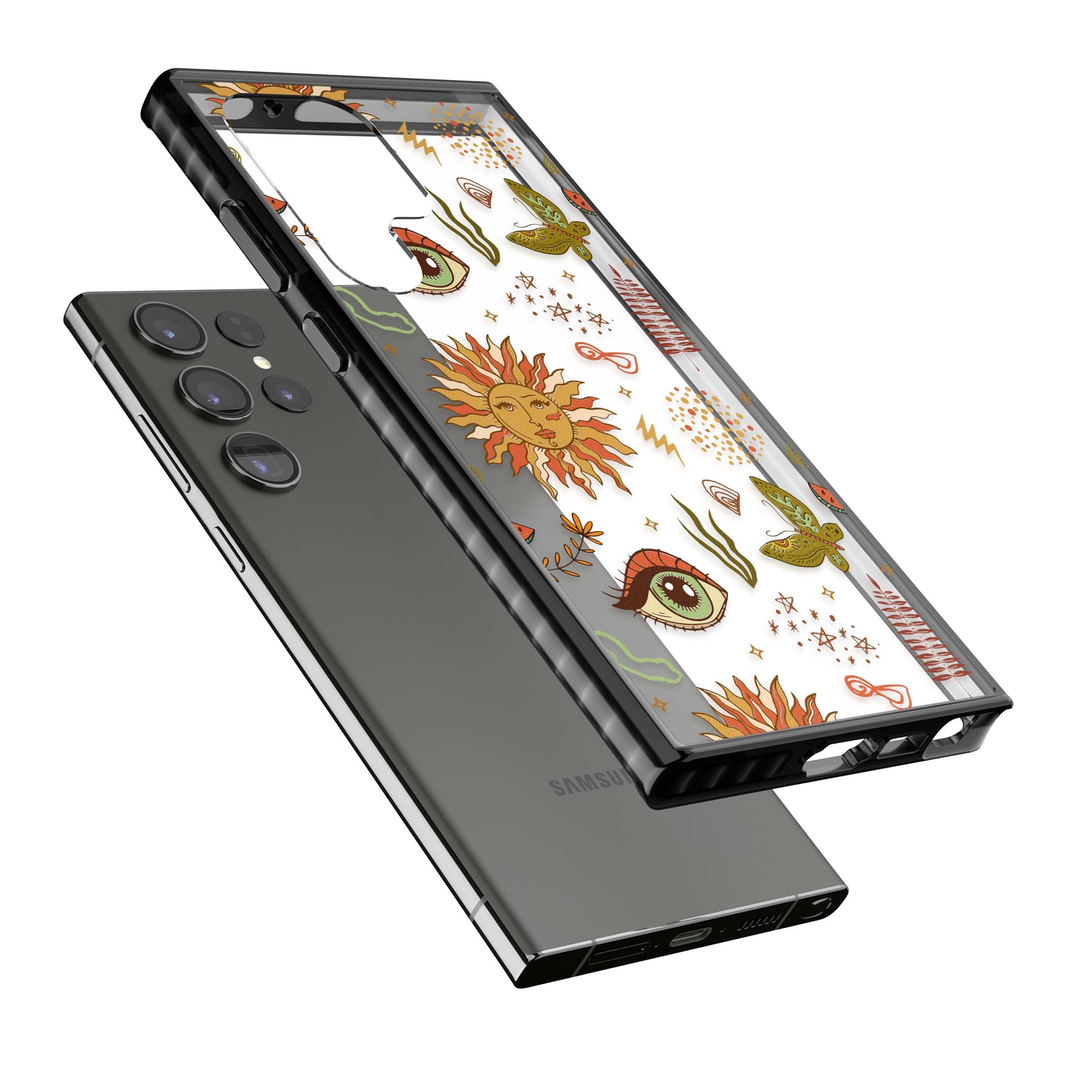 Elevate Your Phone'S Style With This Boho Celestial Sun & Eye Phone Case, Featuring A Mystical Blend Of Suns, All-Seeing Eyes, Butterflies, Stars, And