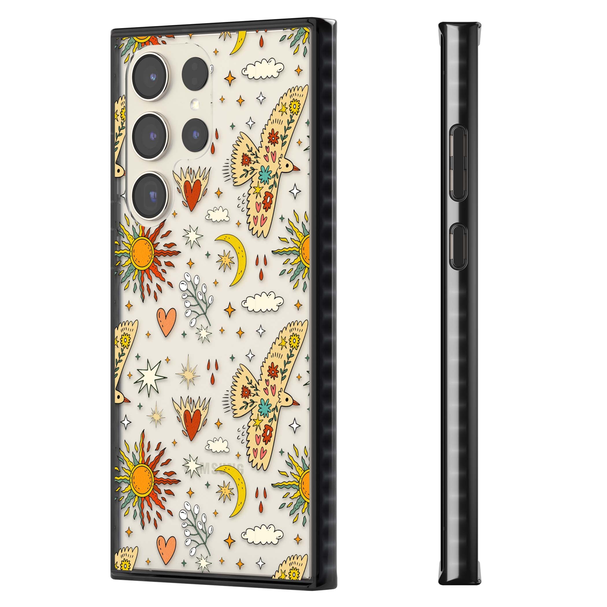 Elevate Your Phone'S Style With This Boho Celestial Sun & Eye Phone Case, Featuring A Mystical Blend Of Suns, All-Seeing Eyes, Butterflies, Stars, And