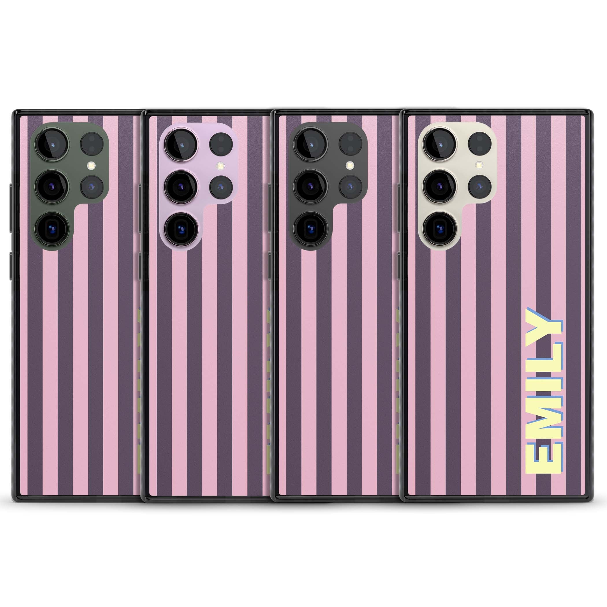 Tyre Stripe personalised stripe iPhone case with plum and pink vertical stripes and custom yellow name | Black Impact case for Samsung Galaxy S24 Ultra, Samsung Galaxy S23 Ultra, Samsung Galaxy S22 Ultra