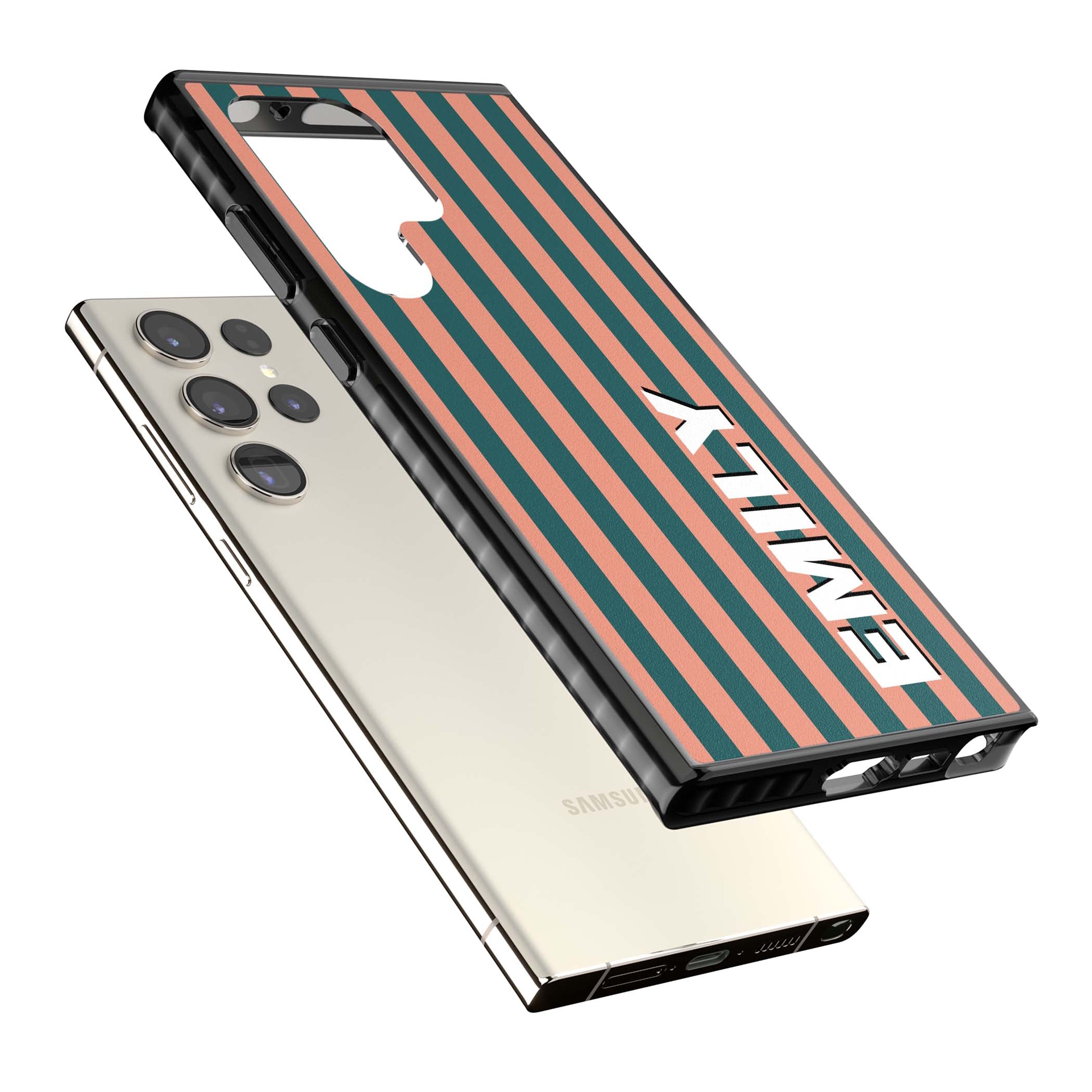 Tuscan Stripe personalised iPhone case featuring coral and green vertical stripes with bold custom name | Black Impact case for Samsung Galaxy S24 Ultra, Samsung Galaxy S23 Ultra, Samsung Galaxy S22 Ultra