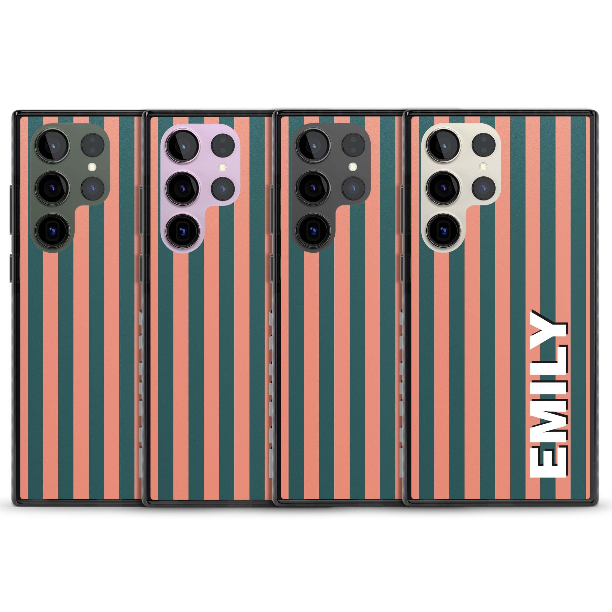 Tuscan Stripe personalised iPhone case featuring coral and green vertical stripes with bold custom name | Black Impact case for Samsung Galaxy S24 Ultra, Samsung Galaxy S23 Ultra, Samsung Galaxy S22 Ultra