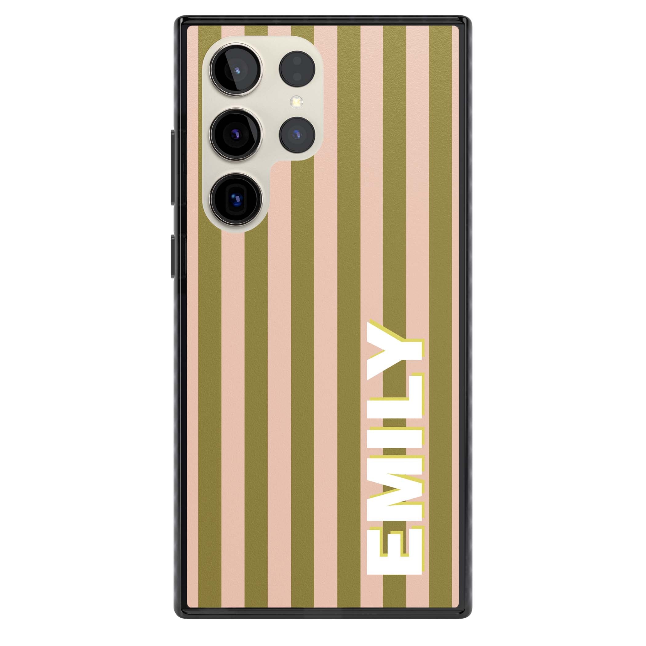 Indian Stripe personalised iPhone case featuring olive green and blush pink vertical stripes with custom name in whit | Black Impact case for Samsung Galaxy S24 Ultra, Samsung Galaxy S23 Ultra, Samsung Galaxy S22 Ultra