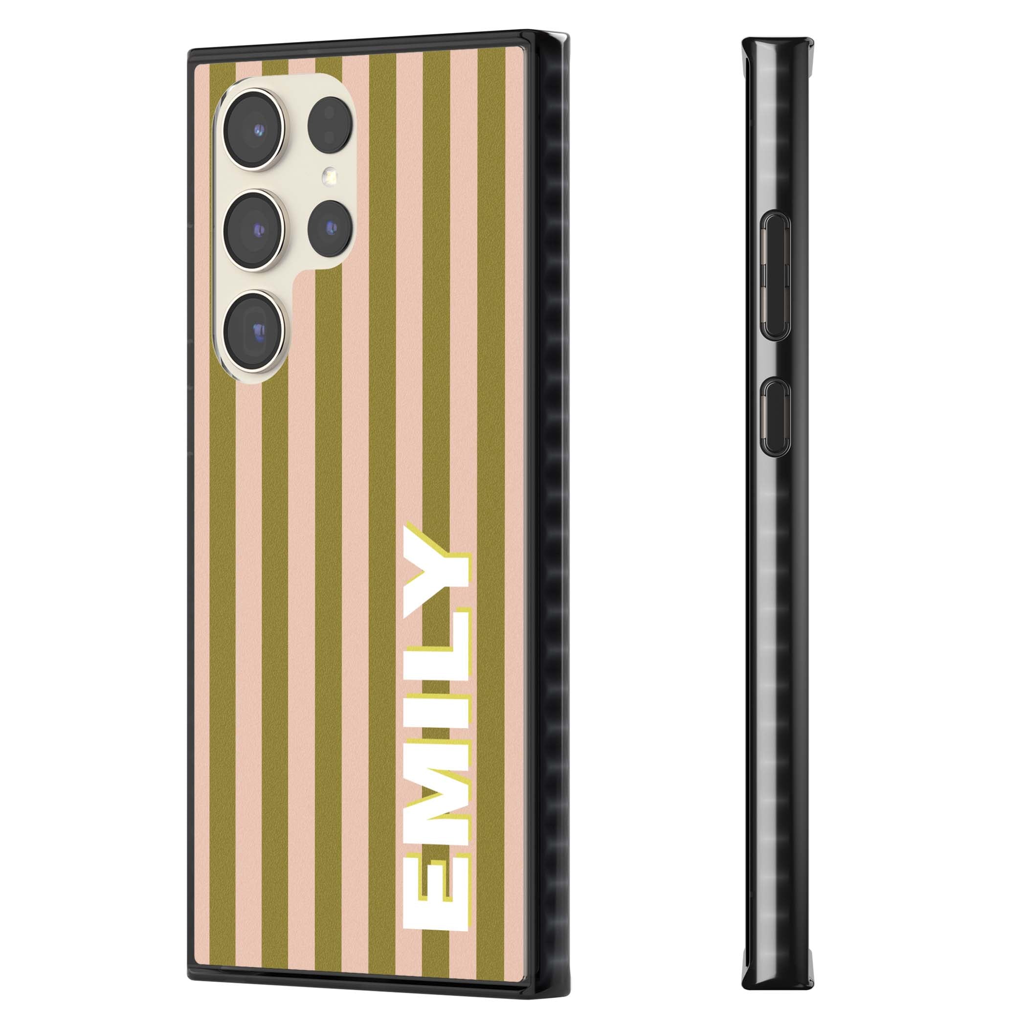 Indian Stripe personalised iPhone case featuring olive green and blush pink vertical stripes with custom name in whit | Black Impact case for Samsung Galaxy S24 Ultra, Samsung Galaxy S23 Ultra, Samsung Galaxy S22 Ultra