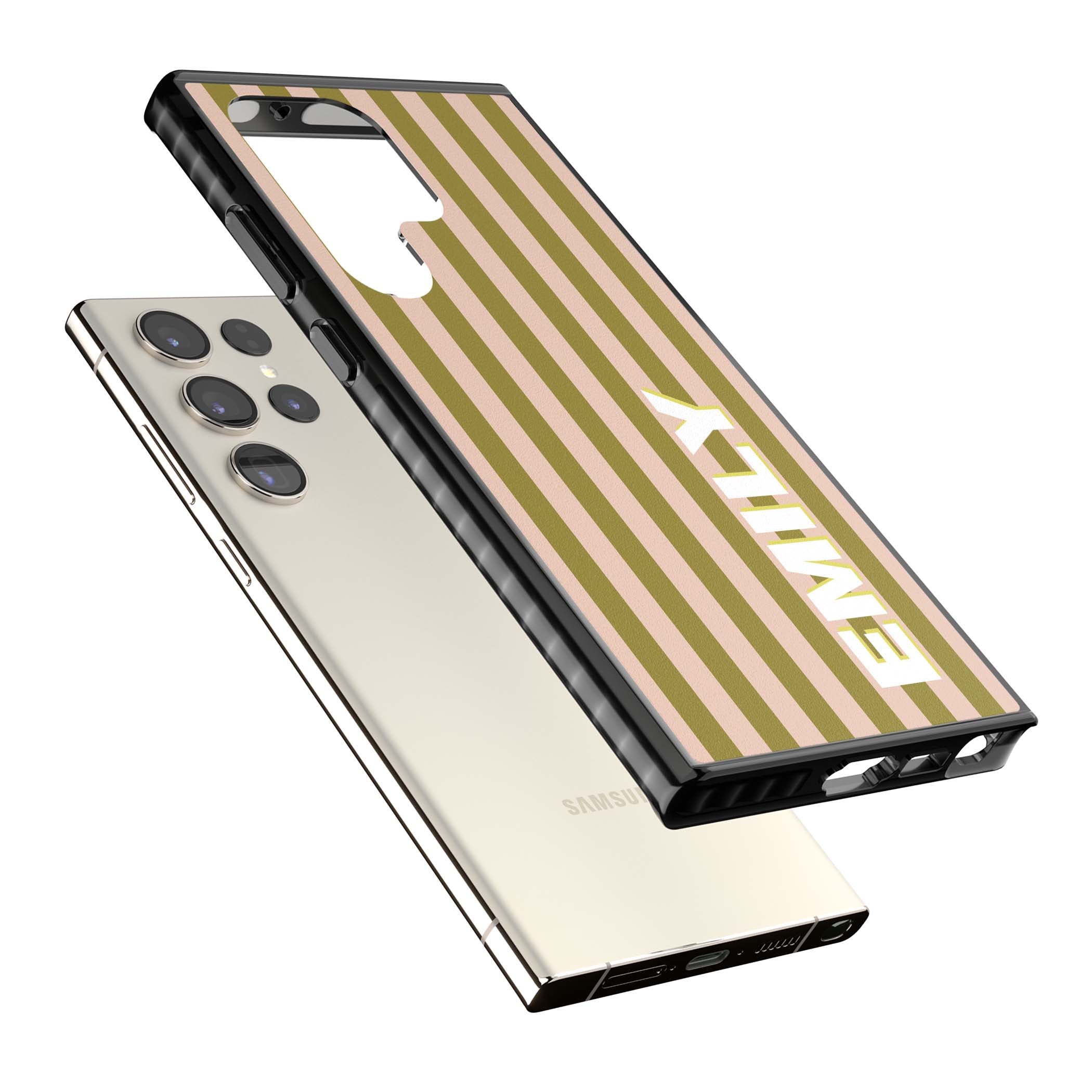 Indian Stripe personalised iPhone case featuring olive green and blush pink vertical stripes with custom name in whit | Black Impact case for Samsung Galaxy S24 Ultra, Samsung Galaxy S23 Ultra, Samsung Galaxy S22 Ultra