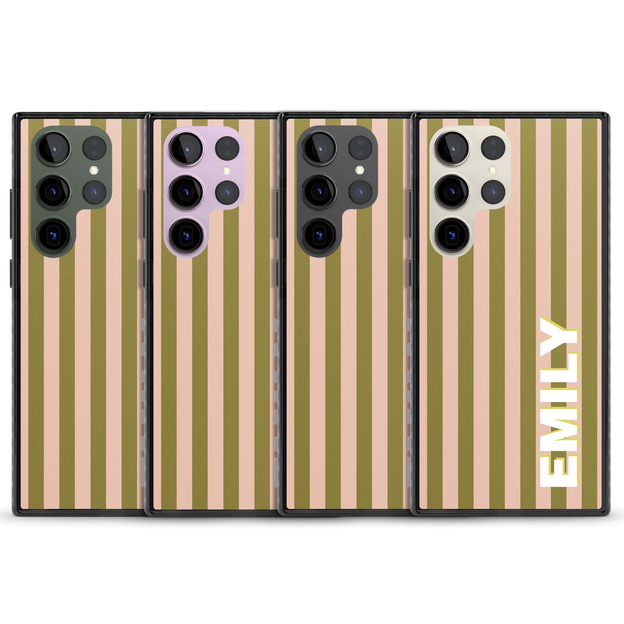 Indian Stripe personalised iPhone case featuring olive green and blush pink vertical stripes with custom name in whit | Black Impact case for Samsung Galaxy S24 Ultra, Samsung Galaxy S23 Ultra, Samsung Galaxy S22 Ultra