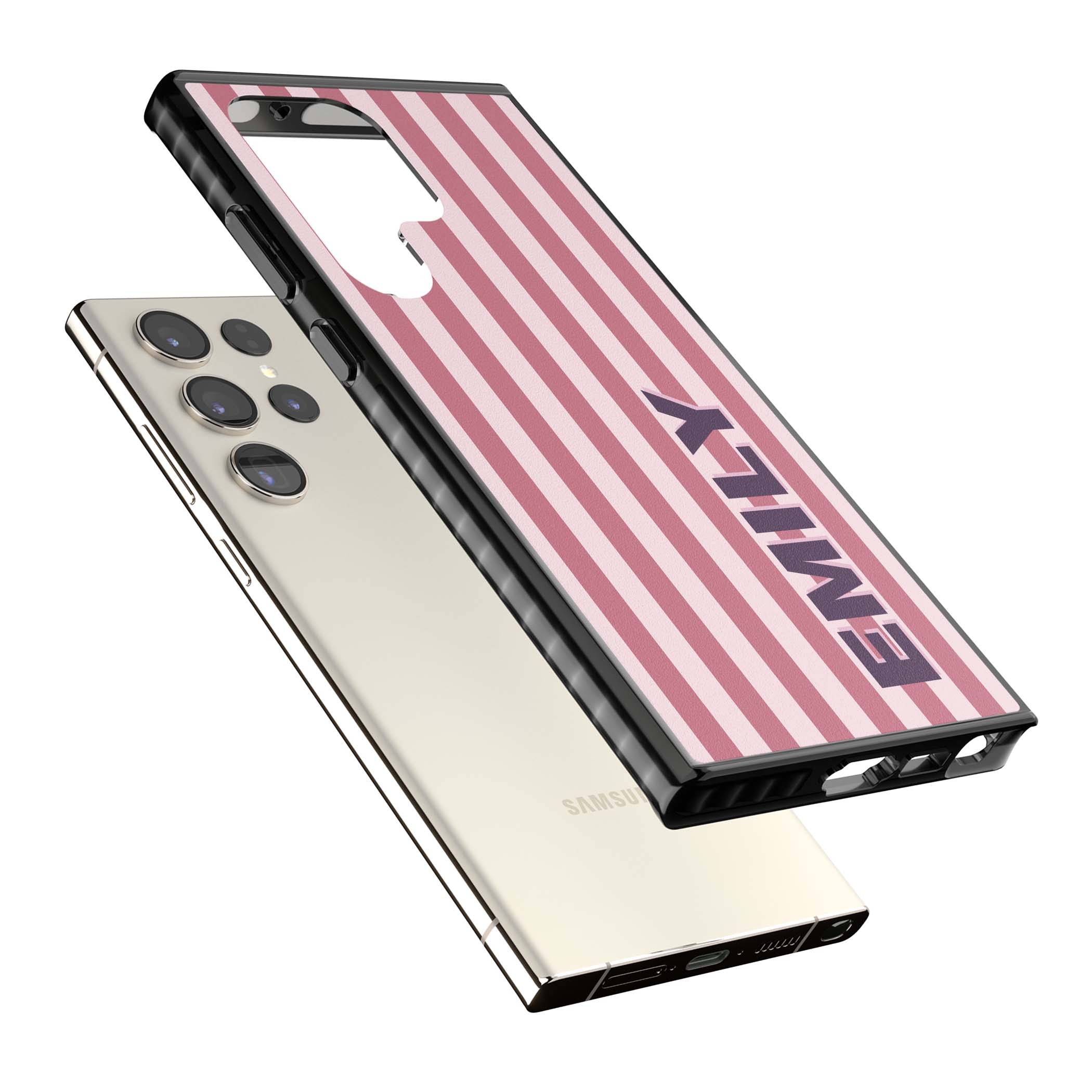 Victoria Stripe personalised iPhone case featuring pink vertical stripes and custom name in bold plum lettering | Black Impact case for Samsung Galaxy S24 Ultra, Samsung Galaxy S23 Ultra, Samsung Galaxy S22 Ultra