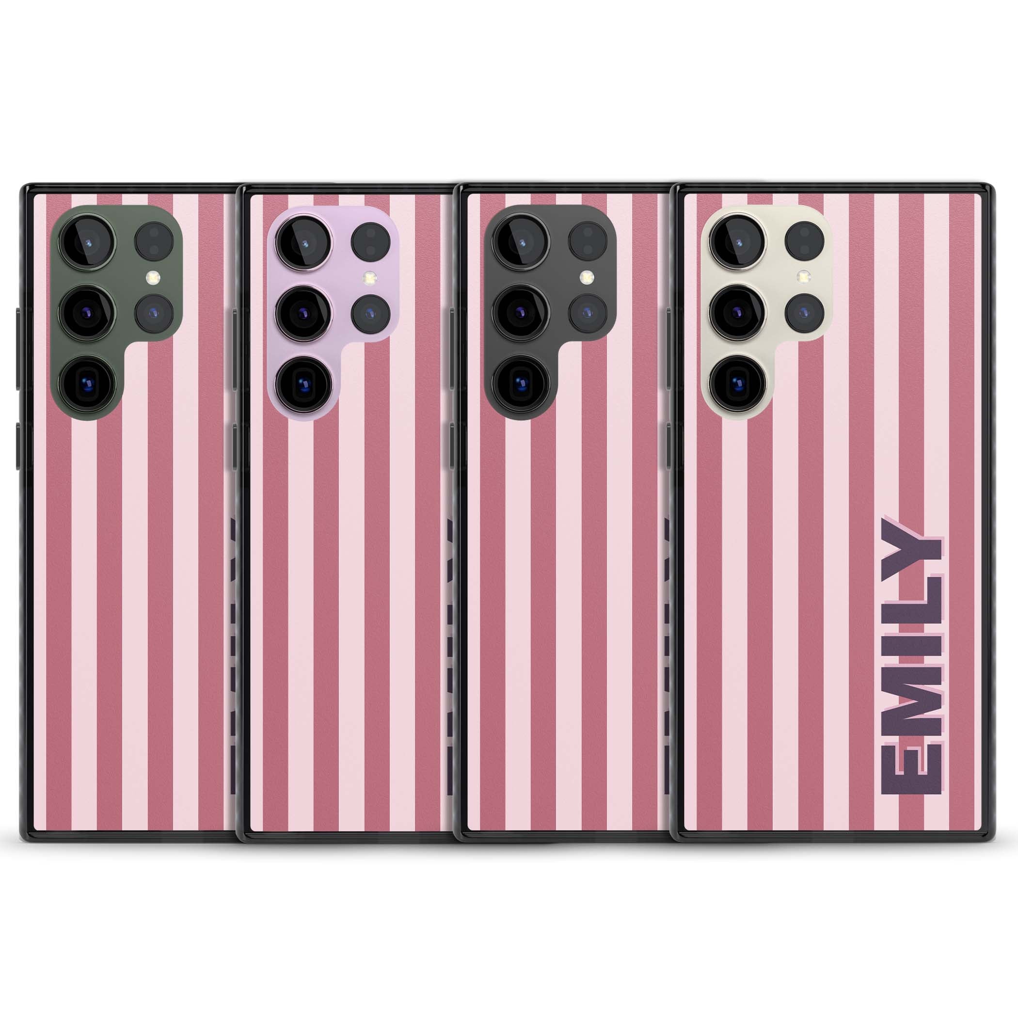 Victoria Stripe personalised iPhone case featuring pink vertical stripes and custom name in bold plum lettering | Black Impact case for Samsung Galaxy S24 Ultra, Samsung Galaxy S23 Ultra, Samsung Galaxy S22 Ultra