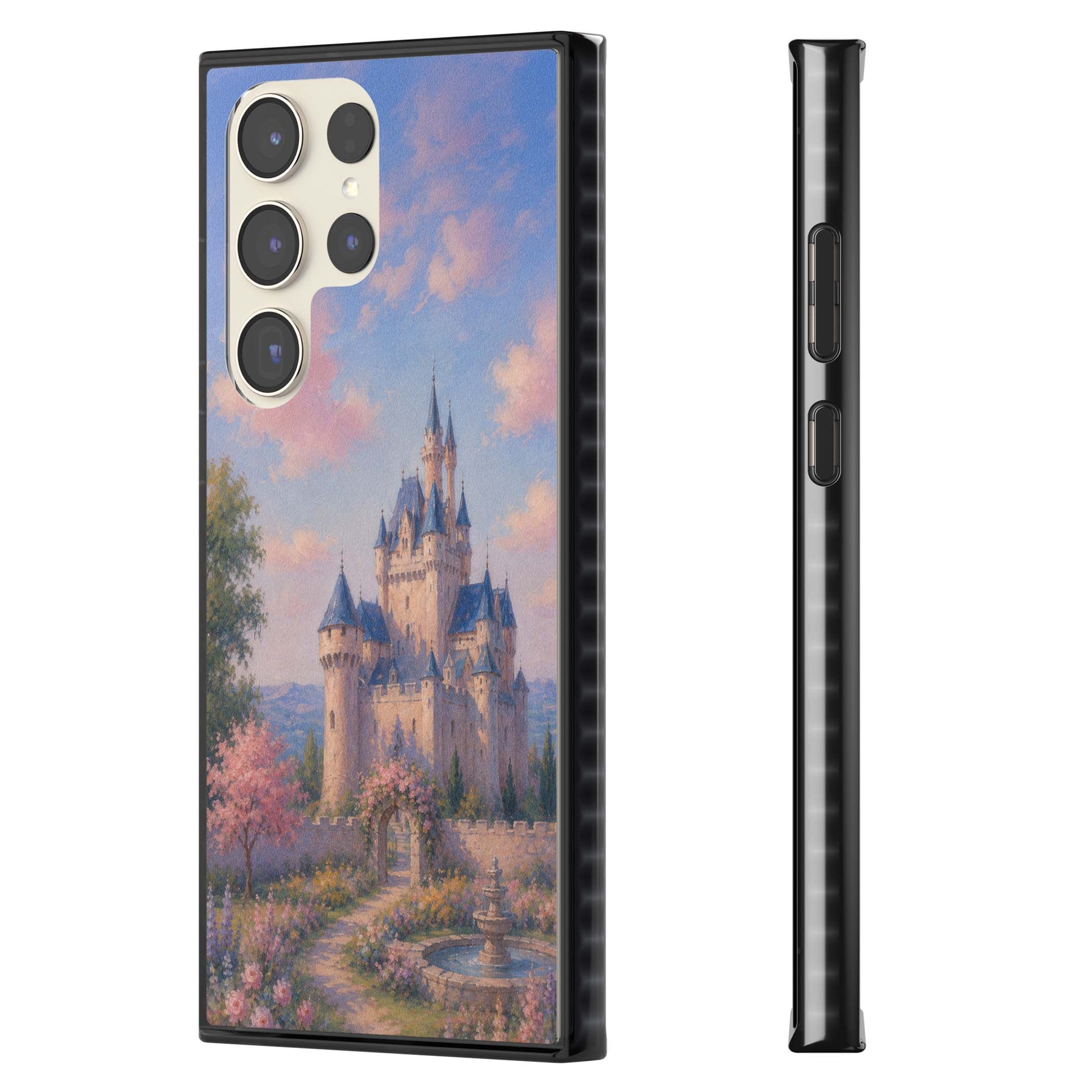 Enchanted Kingdom fairytale iPhone case featuring a romantic castle painting with cherry blossoms and pastel pink sky | Black Impact case for Samsung Galaxy S24 Ultra, Samsung Galaxy S23 Ultra, Samsung Galaxy S22 Ultra