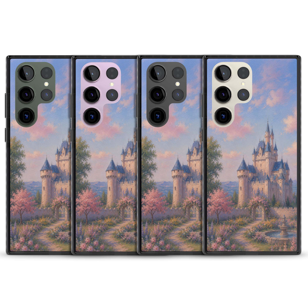 Enchanted Kingdom fairytale iPhone case featuring a romantic castle painting with cherry blossoms and pastel pink sky | Black Impact case for Samsung Galaxy S24 Ultra, Samsung Galaxy S23 Ultra, Samsung Galaxy S22 Ultra
