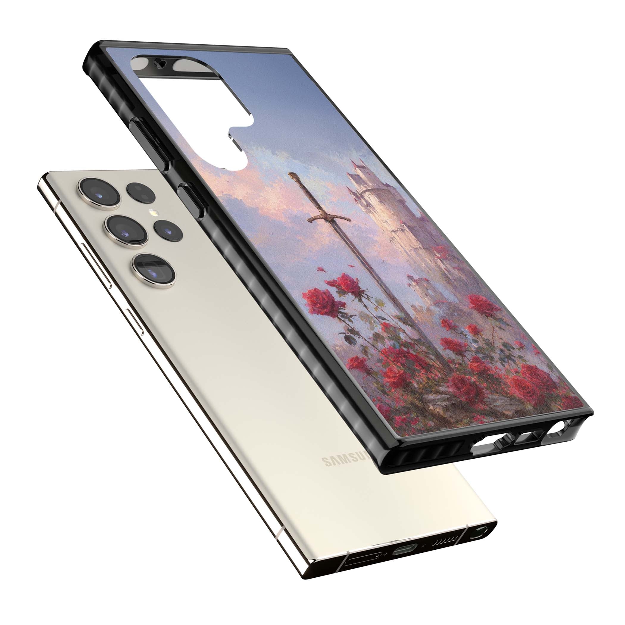 Sword in Roses medieval art iPhone case featuring a sword, red roses, and a misty fairytale castle at sunset | Black Impact case for Samsung Galaxy S24 Ultra, Samsung Galaxy S23 Ultra, Samsung Galaxy S22 Ultra