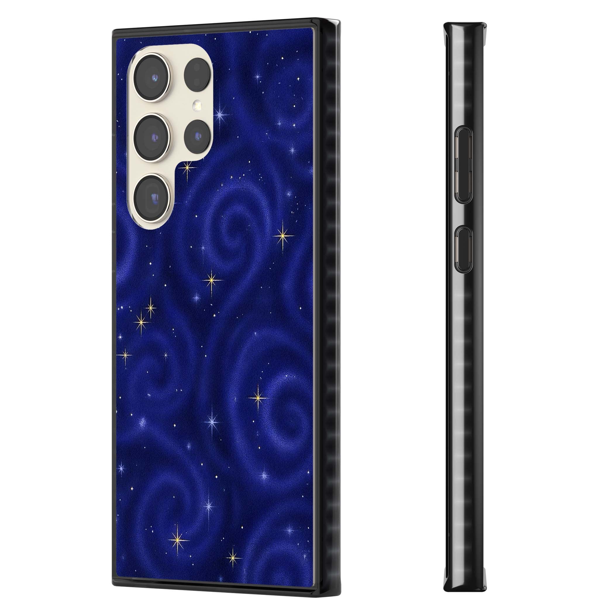 Indigo Cosmos celestial iPhone case featuring swirling navy night sky and sparkling golden stars | Black Impact case for Samsung Galaxy S24 Ultra, Samsung Galaxy S23 Ultra, Samsung Galaxy S22 Ultra