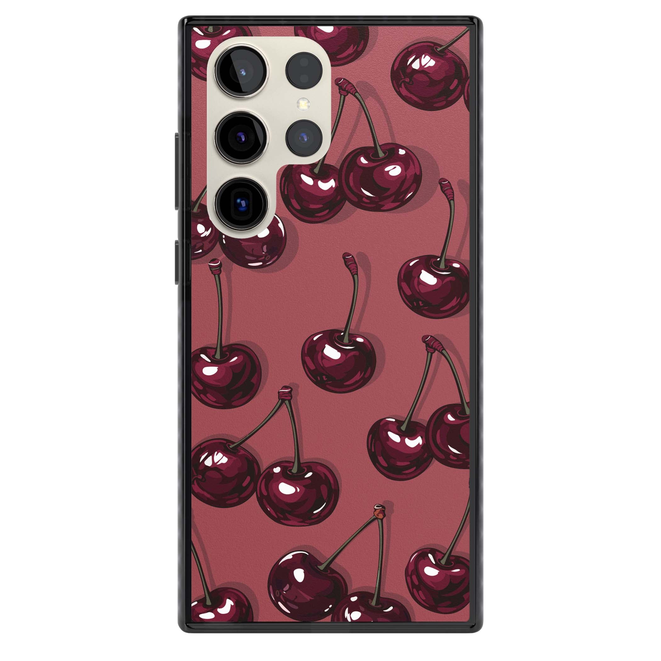 Cherry Rebel coquette iPhone case featuring glossy burgundy cherries on a dusty rose background | Black Impact case for Samsung Galaxy S24 Ultra, Samsung Galaxy S23 Ultra, Samsung Galaxy S22 Ultra