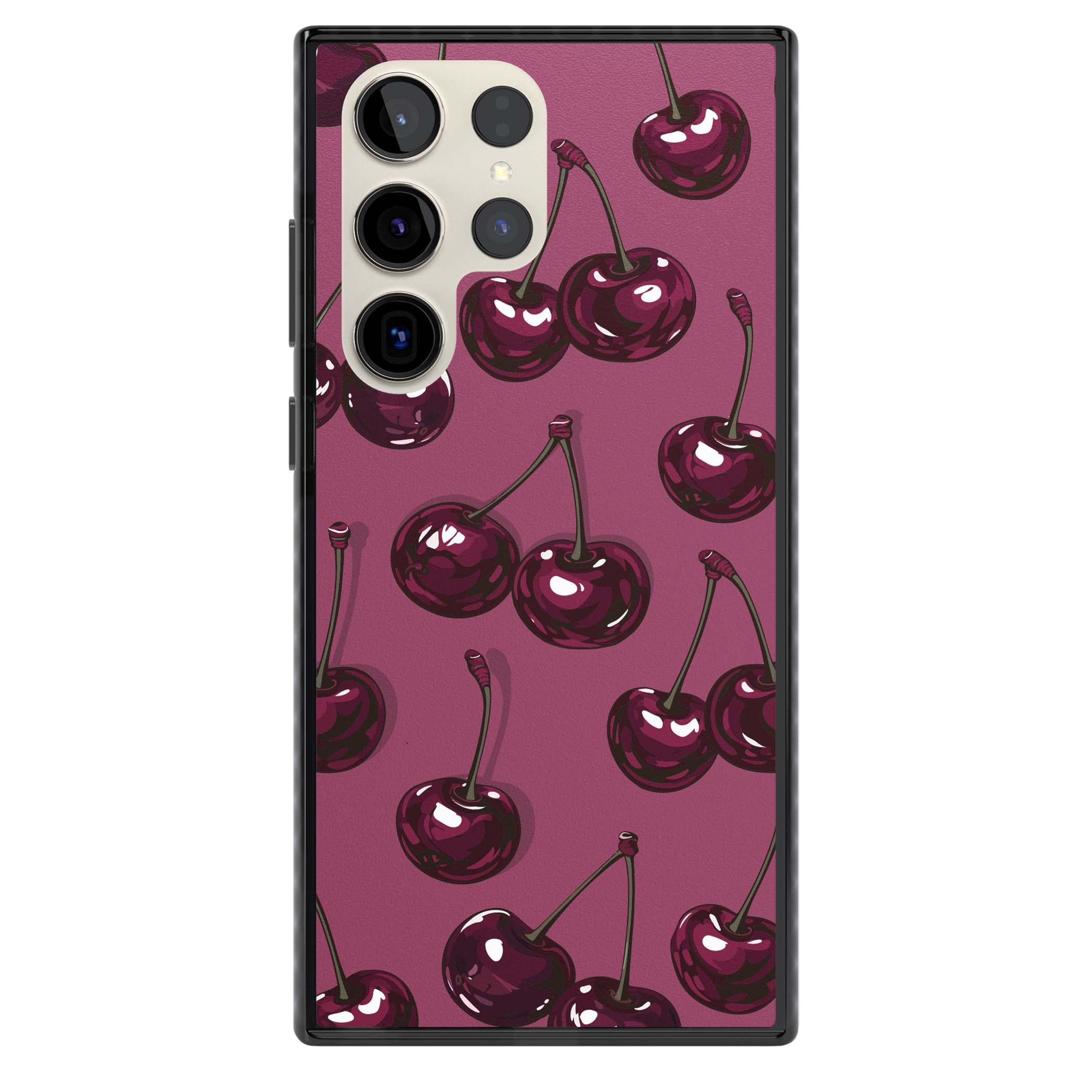 Cherry Soda coquette iPhone case featuring glossy burgundy cherries on a dusty pink background | Black Impact case for Samsung Galaxy S24 Ultra, Samsung Galaxy S23 Ultra, Samsung Galaxy S22 Ultra