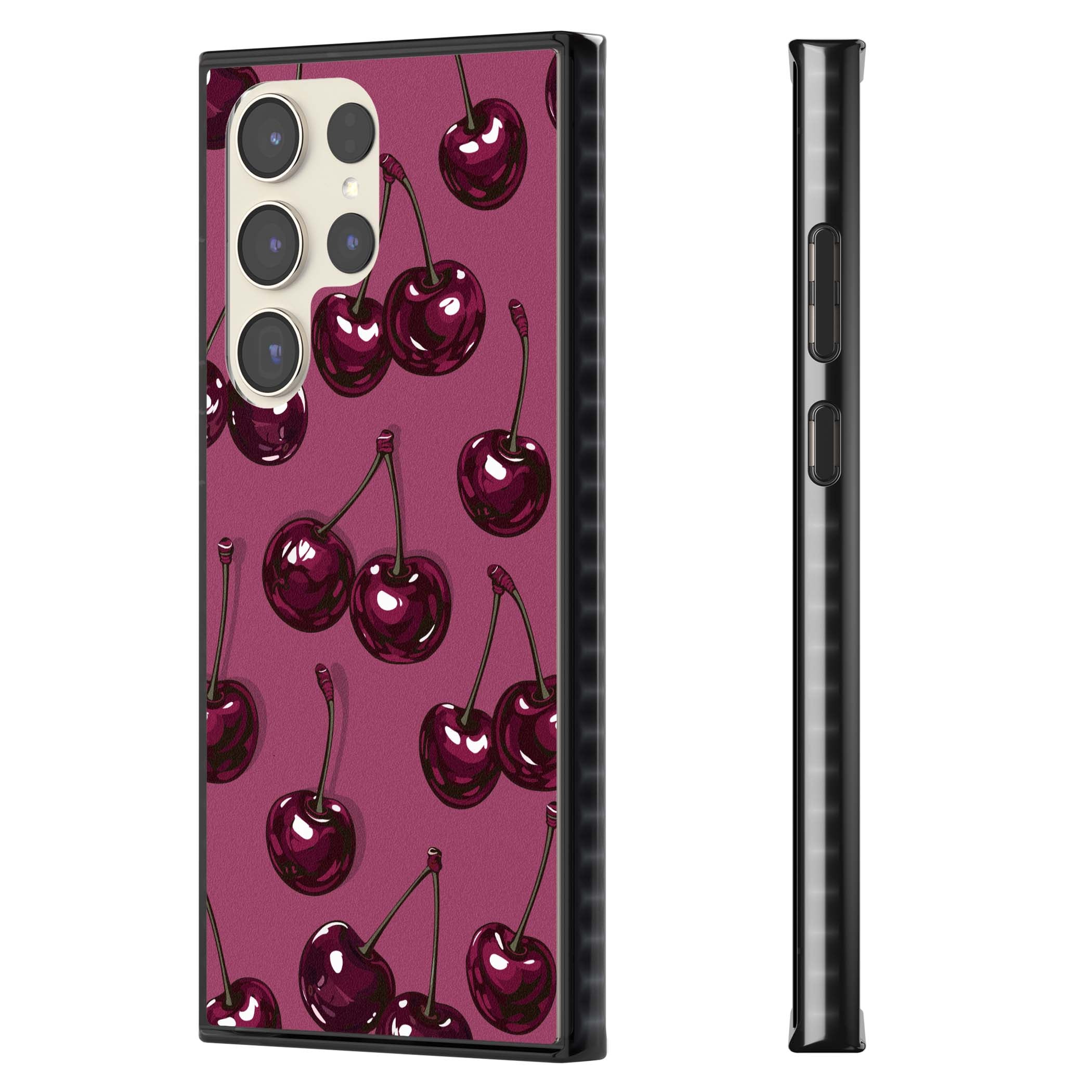 Cherry Soda coquette iPhone case featuring glossy burgundy cherries on a dusty pink background | Black Impact case for Samsung Galaxy S24 Ultra, Samsung Galaxy S23 Ultra, Samsung Galaxy S22 Ultra