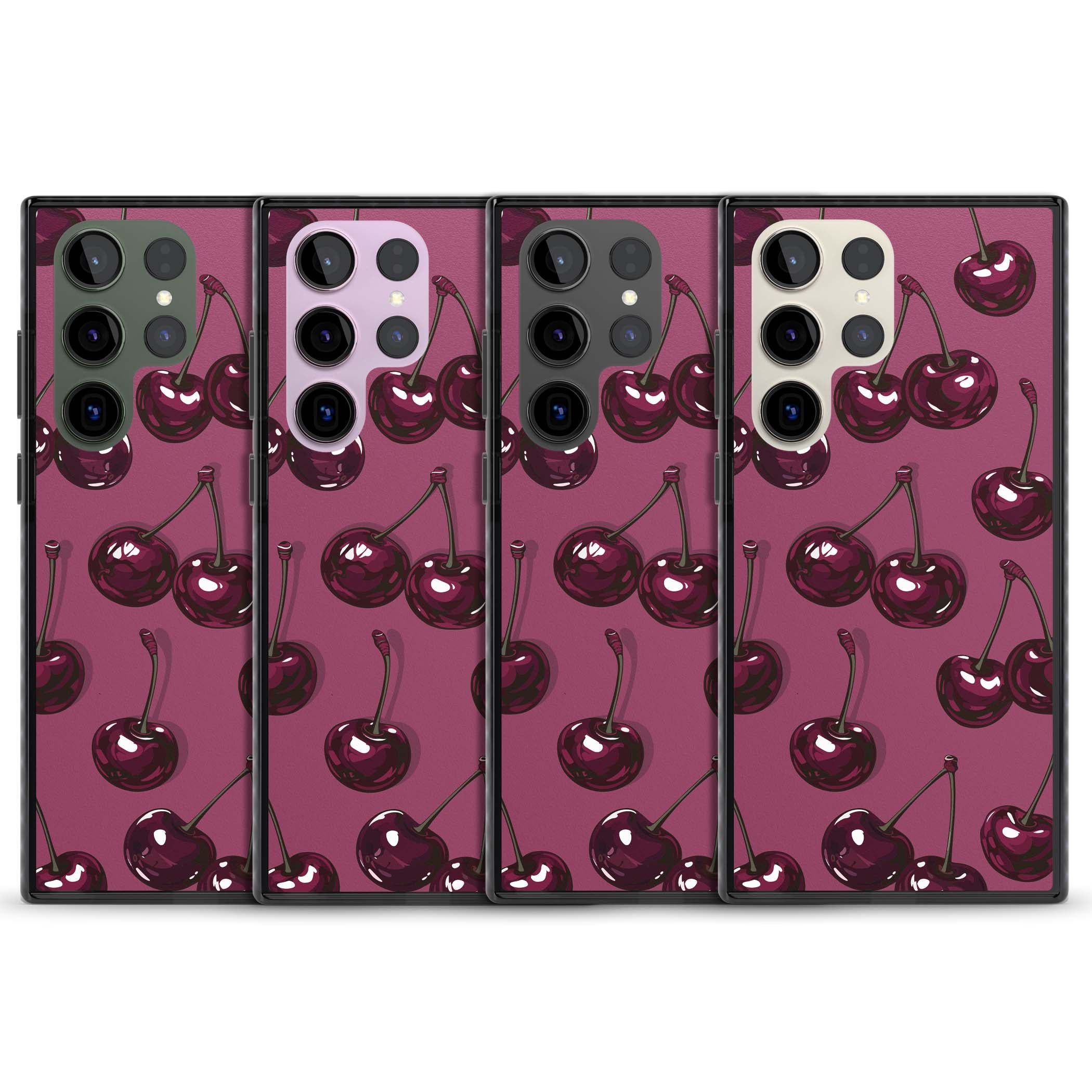 Cherry Soda coquette iPhone case featuring glossy burgundy cherries on a dusty pink background | Black Impact case for Samsung Galaxy S24 Ultra, Samsung Galaxy S23 Ultra, Samsung Galaxy S22 Ultra