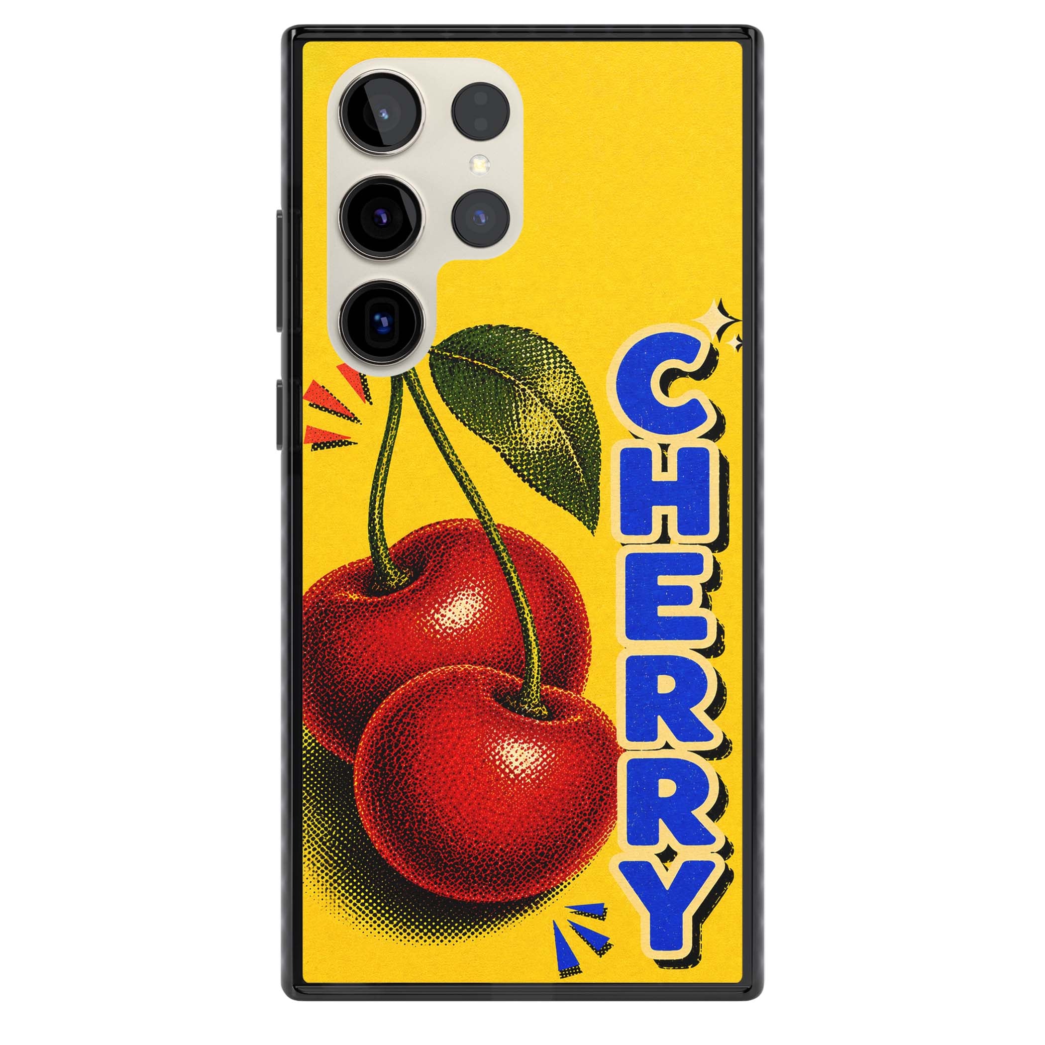 Cherry Yellow y2k iPhone case featuring two red cherries, halftone shading and bold blue CHERRY lettering on yellow | Black Impact case for Samsung Galaxy S24 Ultra, Samsung Galaxy S23 Ultra, Samsung Galaxy S22 Ultra