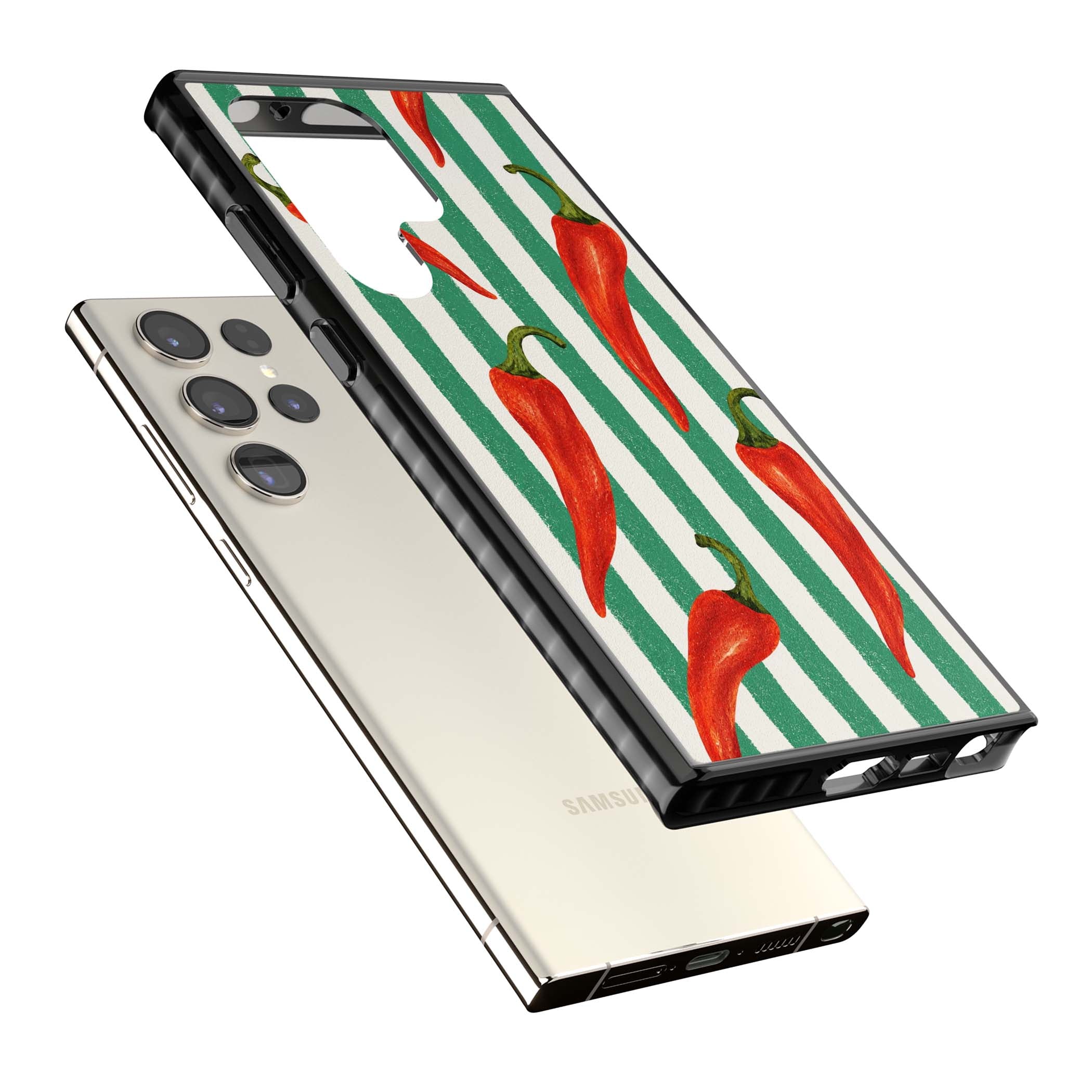 Striped Chillis coastal iPhone case featuring hand-painted red chili peppers on green and cream stripes | Black Impact case for Samsung Galaxy S24 Ultra, Samsung Galaxy S23 Ultra, Samsung Galaxy S22 Ultra