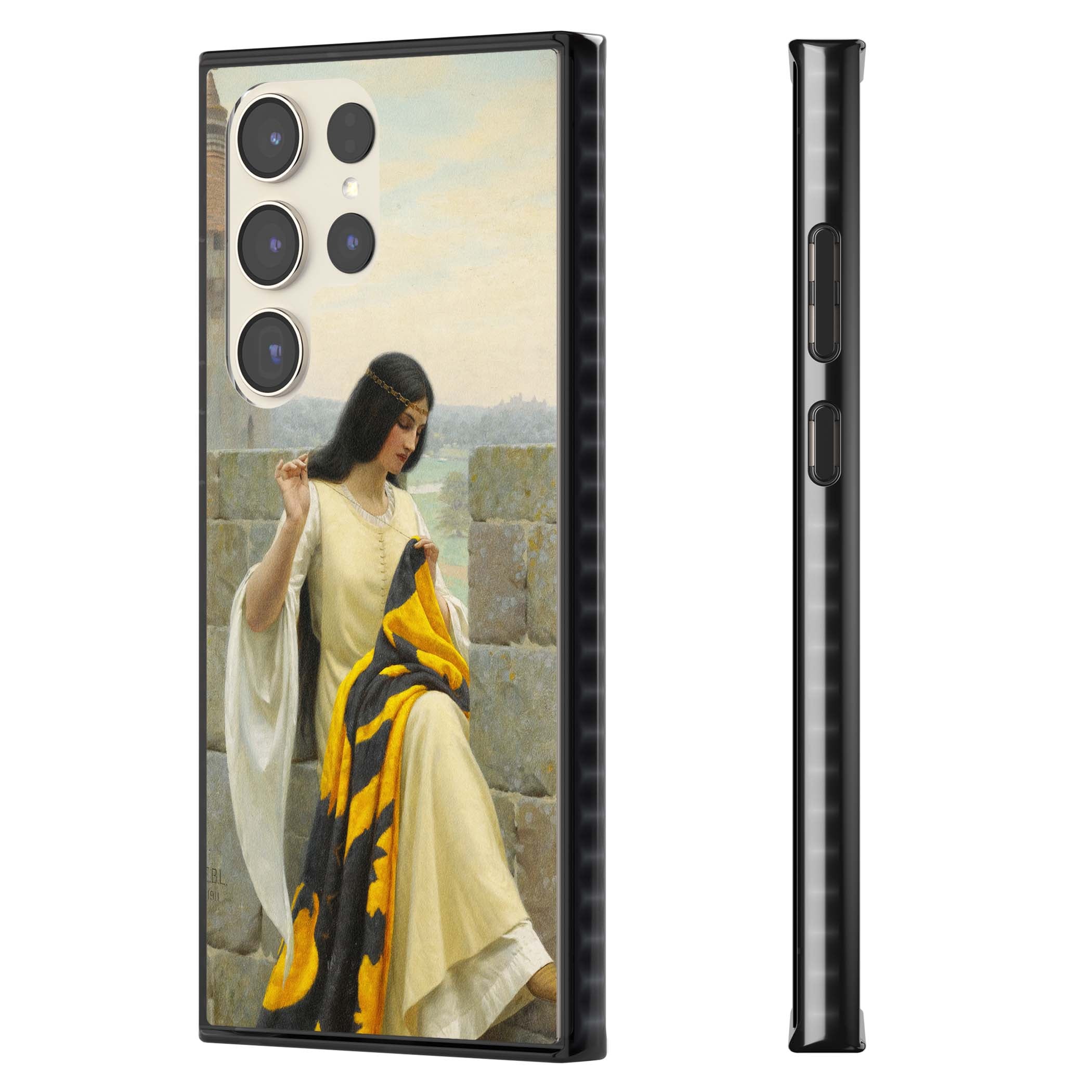 Stitching the Standard renaissance art iPhone case featuring a medieval lady sewing a golden banner on a castle wall | Black Impact case for Samsung Galaxy S24 Ultra, Samsung Galaxy S23 Ultra, Samsung Galaxy S22 Ultra