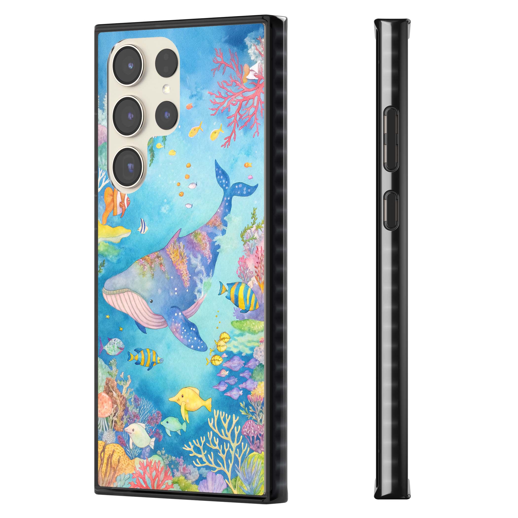 Coral Lagoon ocean iPhone case featuring a watercolour whale, coral reef and tropical fish | Black Impact case for Samsung Galaxy S24 Ultra, Samsung Galaxy S23 Ultra, Samsung Galaxy S22 Ultra