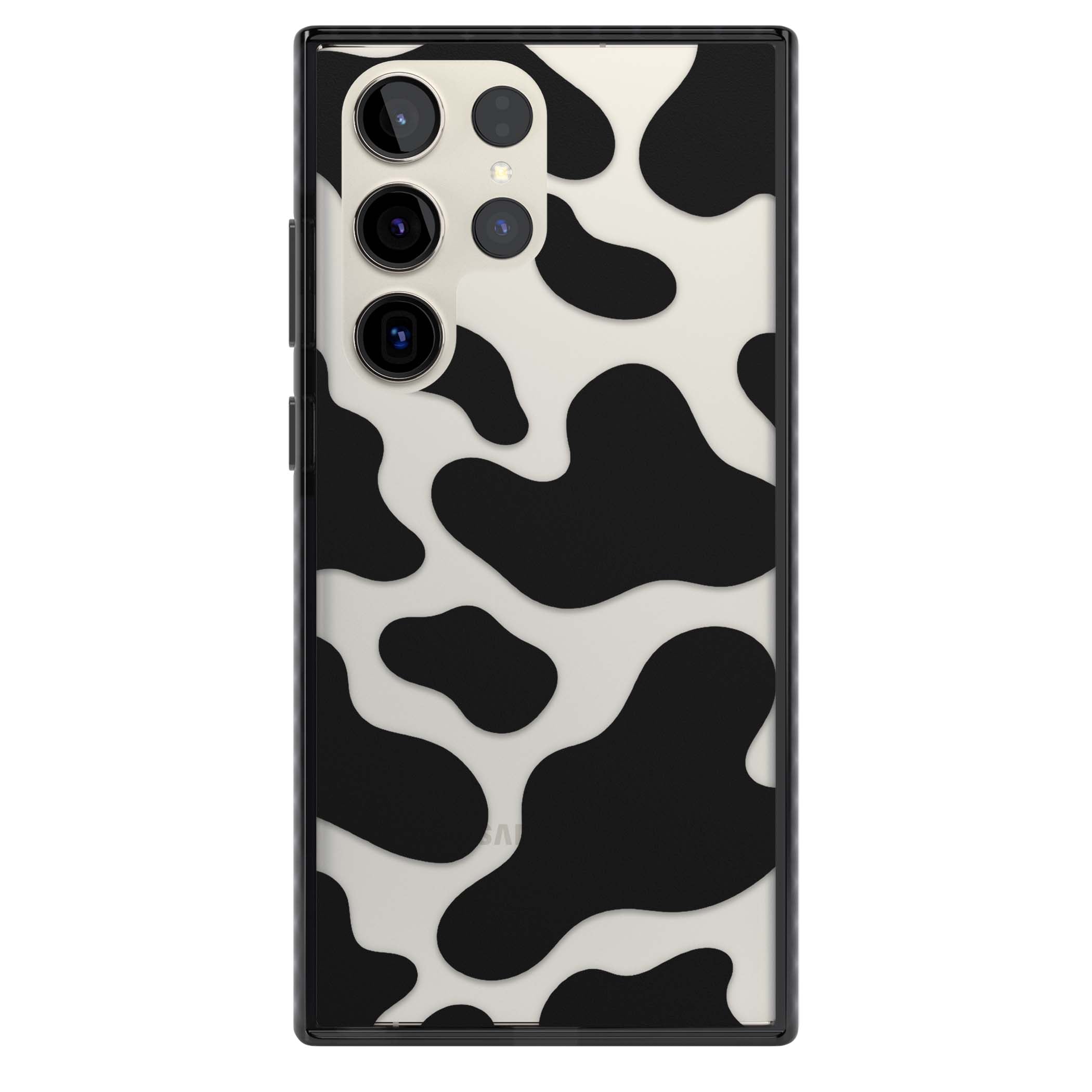 Clear Cow Print cow print iPhone case featuring black and white cow pattern splotches on a clear background | Black Impact case for Samsung Galaxy S24 Ultra, Samsung Galaxy S23 Ultra, Samsung Galaxy S22 Ultra