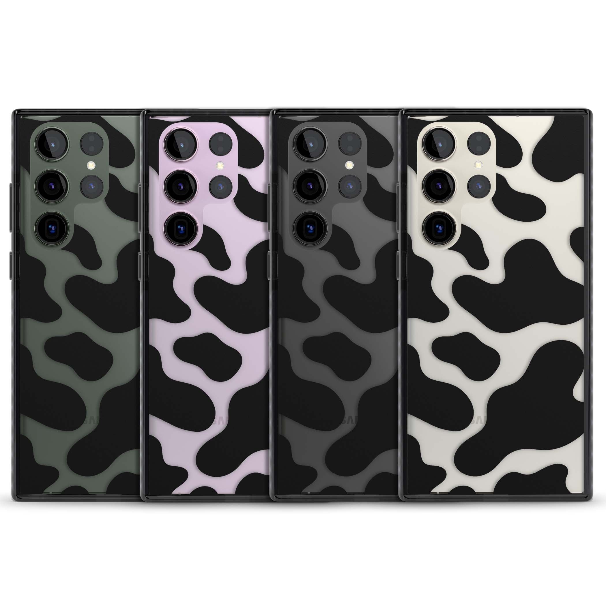 Clear Cow Print cow print iPhone case featuring black and white cow pattern splotches on a clear background | Black Impact case for Samsung Galaxy S24 Ultra, Samsung Galaxy S23 Ultra, Samsung Galaxy S22 Ultra