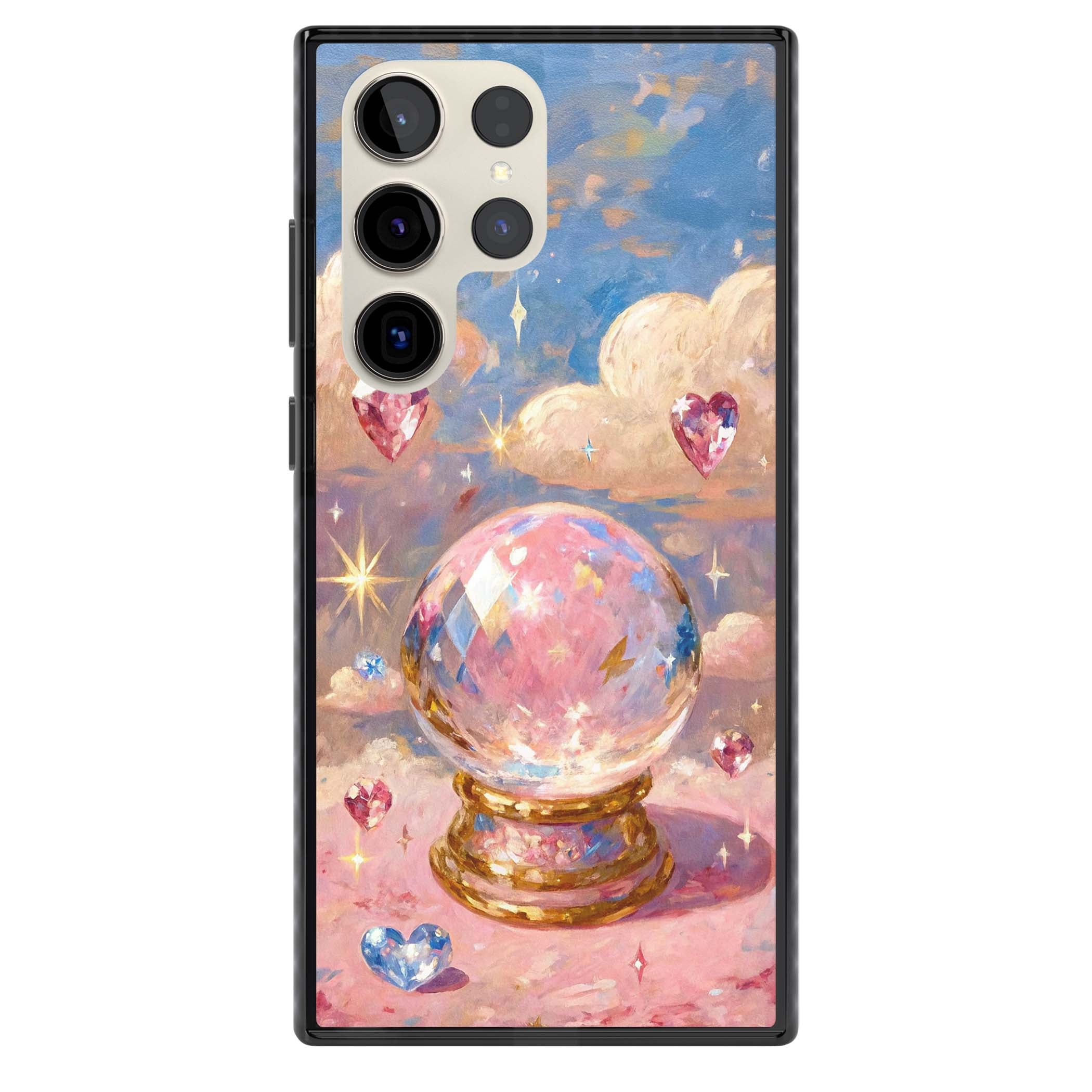 Crystal Ball fairycore iPhone case featuring a painted crystal ball, heart gemstones, and pastel clouds | Black Impact case for Samsung Galaxy S24 Ultra, Samsung Galaxy S23 Ultra, Samsung Galaxy S22 Ultra