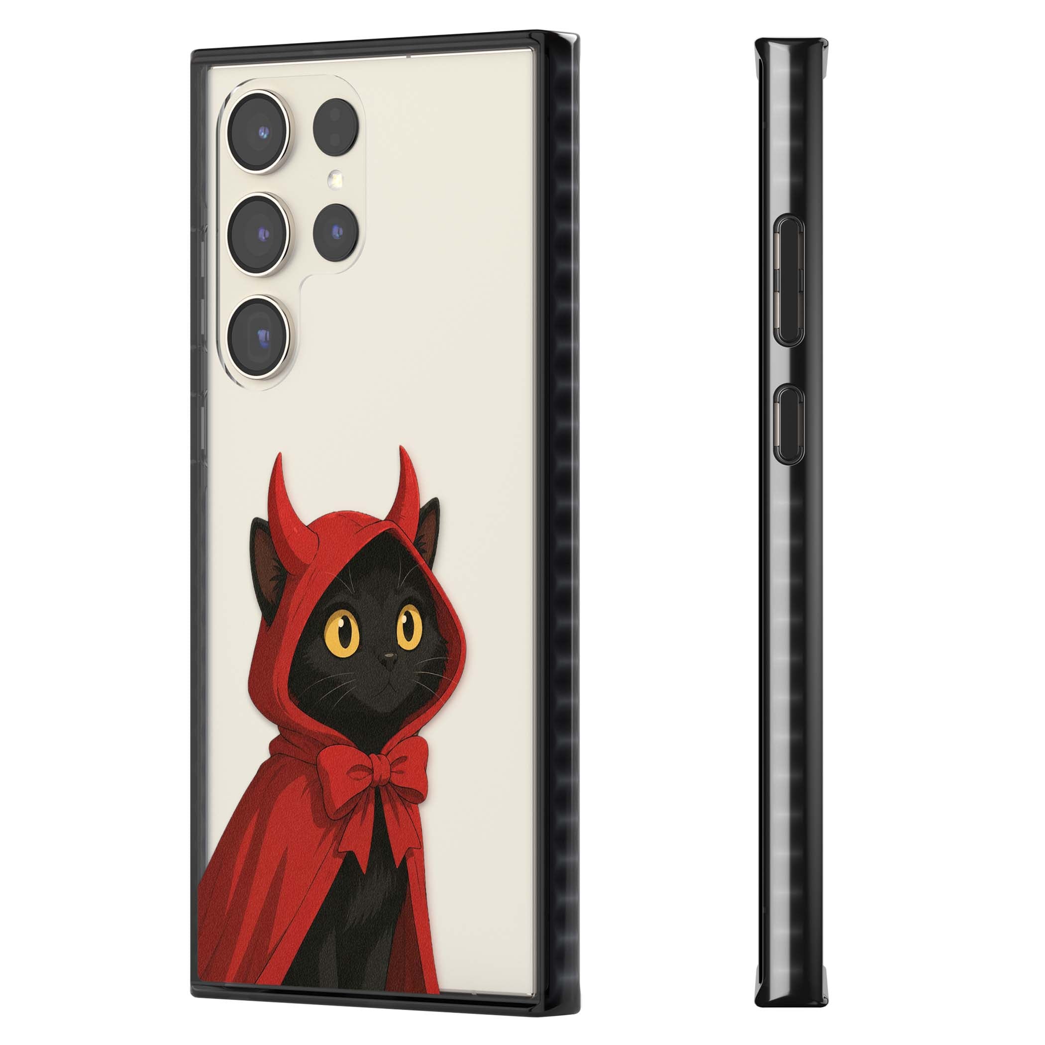 Little Devil halloween iPhone case featuring a black cat in a red hooded devil cloak with horns and golden eyes | Black Impact case for Samsung Galaxy S24 Ultra, Samsung Galaxy S23 Ultra, Samsung Galaxy S22 Ultra