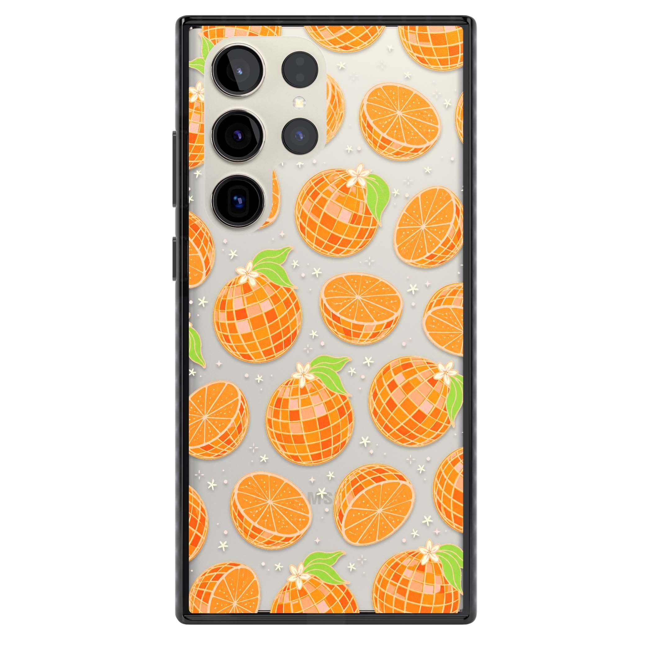 Disco Oranges retro iPhone case featuring mirrorball oranges, citrus slices and tiny blossoms on clear | Black Impact case for Samsung Galaxy S24 Ultra, Samsung Galaxy S23 Ultra, Samsung Galaxy S22 Ultra