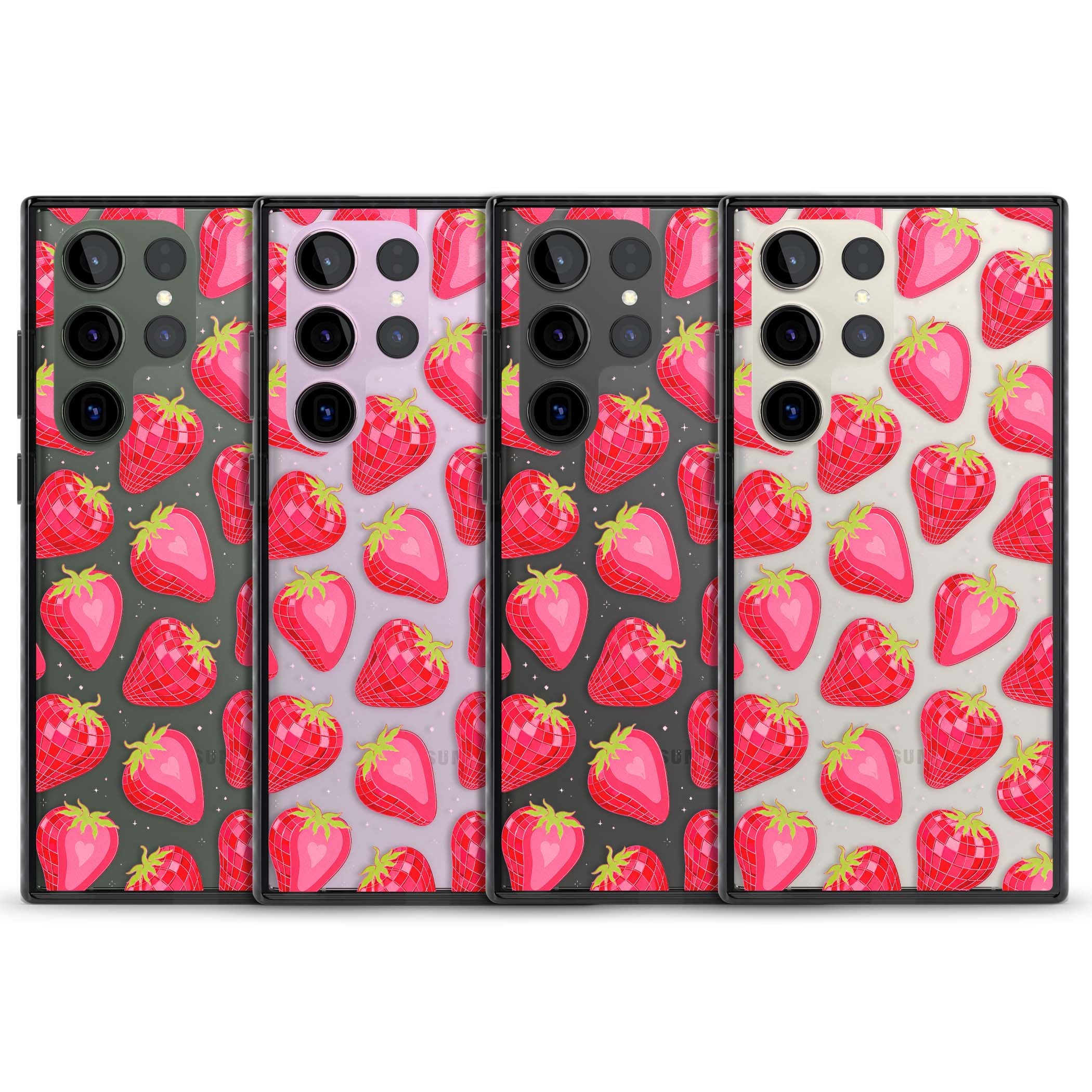 Disco Strawberry Y2K iPhone case featuring pink disco-ball strawberries, green leaves and tiny sparkles | Black Impact case for Samsung Galaxy S24 Ultra, Samsung Galaxy S23 Ultra, Samsung Galaxy S22 Ultra