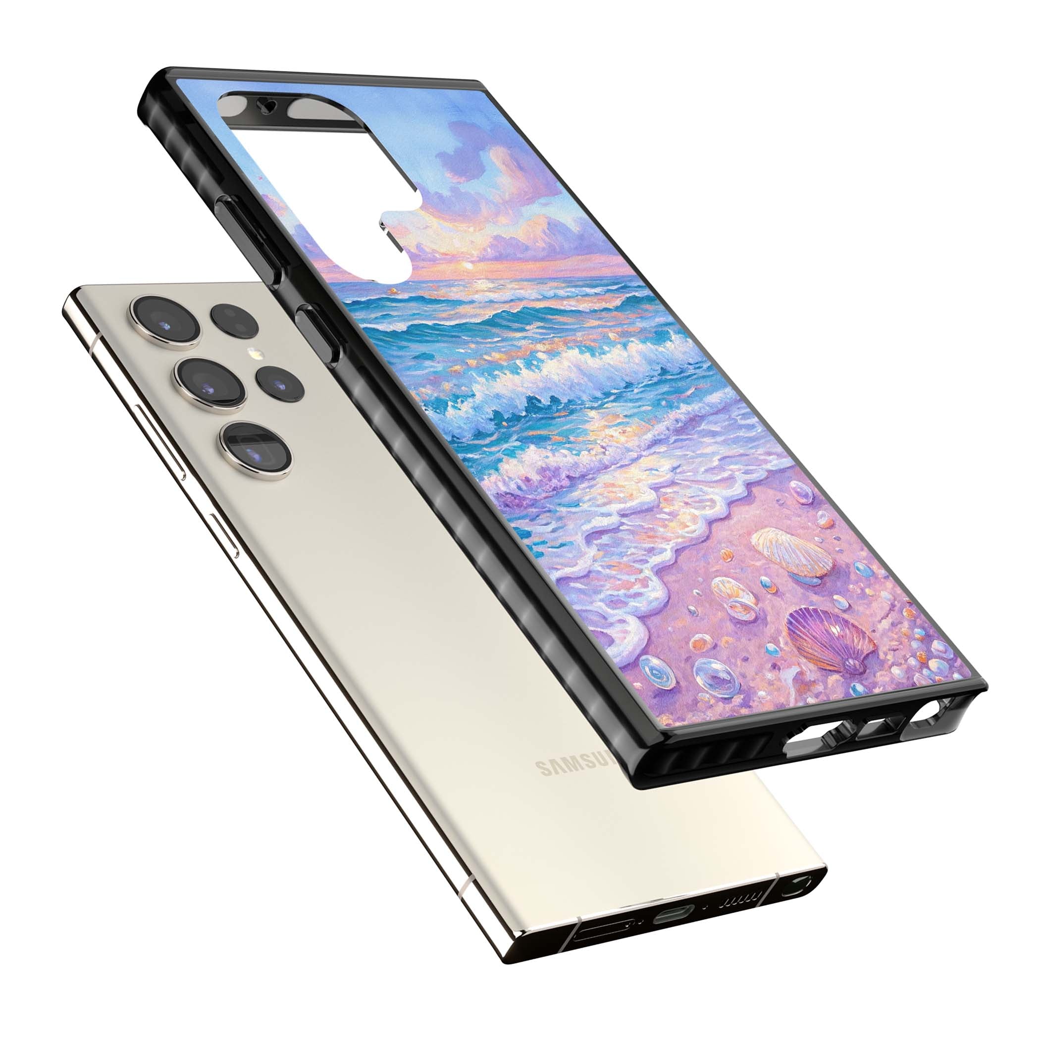 Pearl Shore coastal iPhone case featuring pastel painted waves, seashells, and a sunrise sky over a lavender beach. | Black Impact case for Samsung Galaxy S24 Ultra, Samsung Galaxy S23 Ultra, Samsung Galaxy S22 Ultra